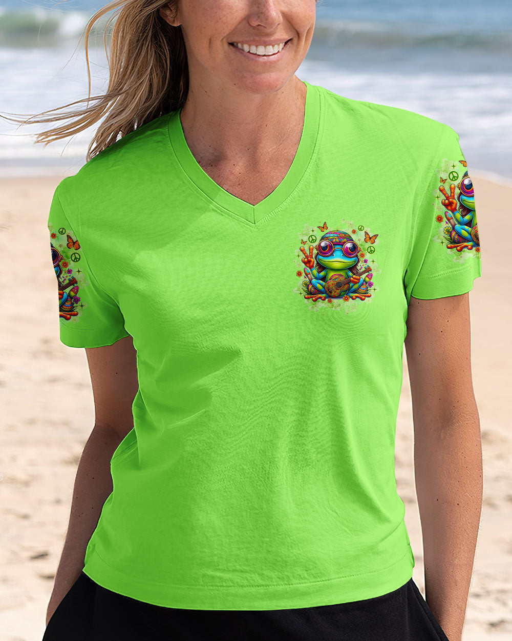 The Rebel in Me Will Never Die Hippie Frog Green with Peace Sign and Guitar Design AOP Shirts _9_ BB8MA