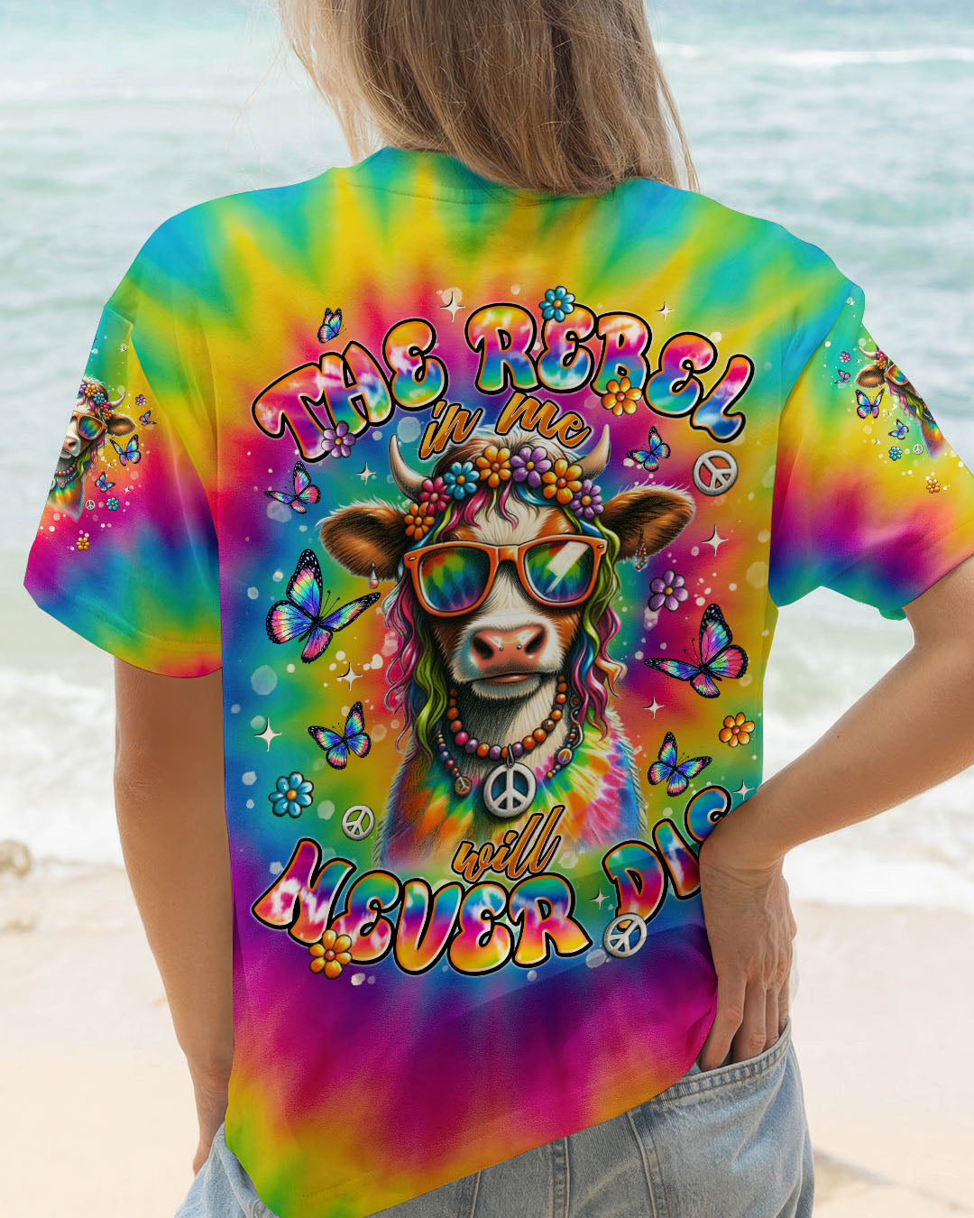 The Rebel in Me will Never Dia Colorful Tie Dye Cow with Peace Sign and Flowers Design AOP Shirts _12_ CcZLH