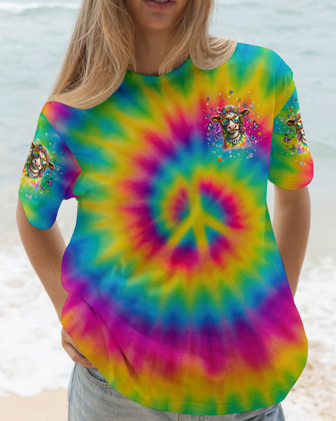 The Rebel in Me will Never Dia Colorful Tie Dye Cow with Peace Sign and Flowers Design AOP Shirts _13_ fB7K0