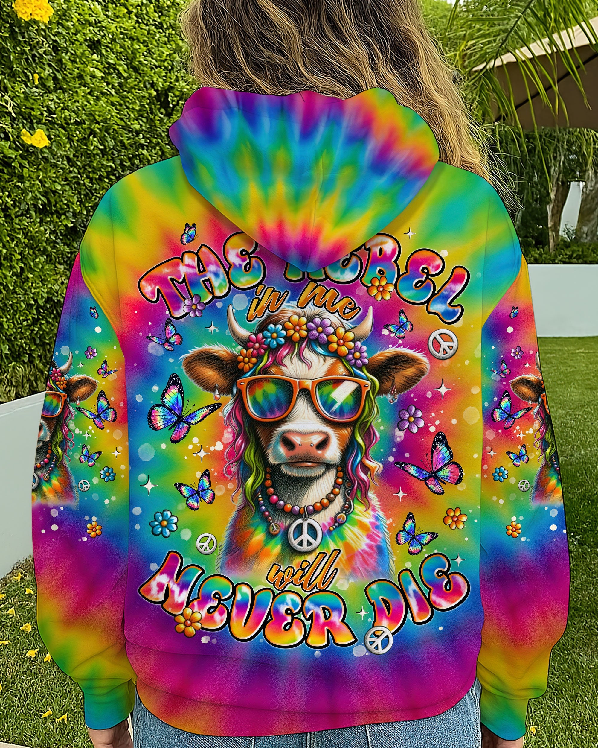 The Rebel in Me will Never Dia Colorful Tie Dye Cow with Peace Sign and Flowers Design AOP Shirts _5_ IrzMN