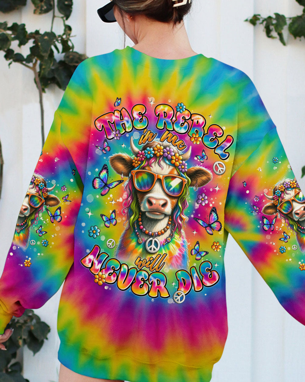 The Rebel in Me will Never Dia Colorful Tie Dye Cow with Peace Sign and Flowers Design AOP Shirts _7_ k0eDm