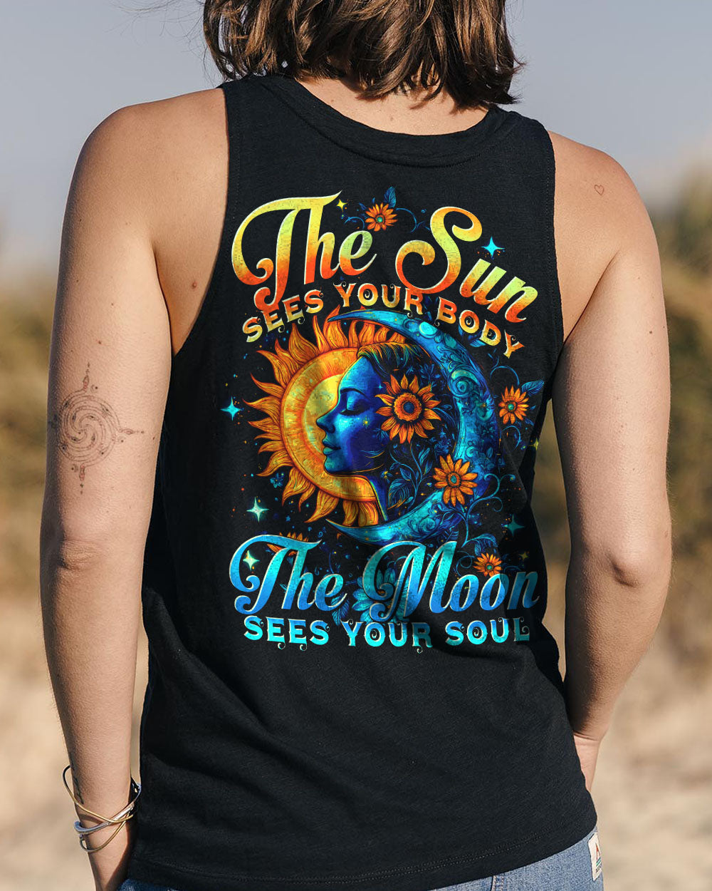 The Sun Sees Your Body The Moon Sees Your Soul Celestial Hippie AOP Shirts _7_ MFfZt