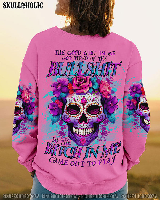 Tired of BB in Me Came Out - Floral Skull Attitude Graphic Pullover - AOP Shirts