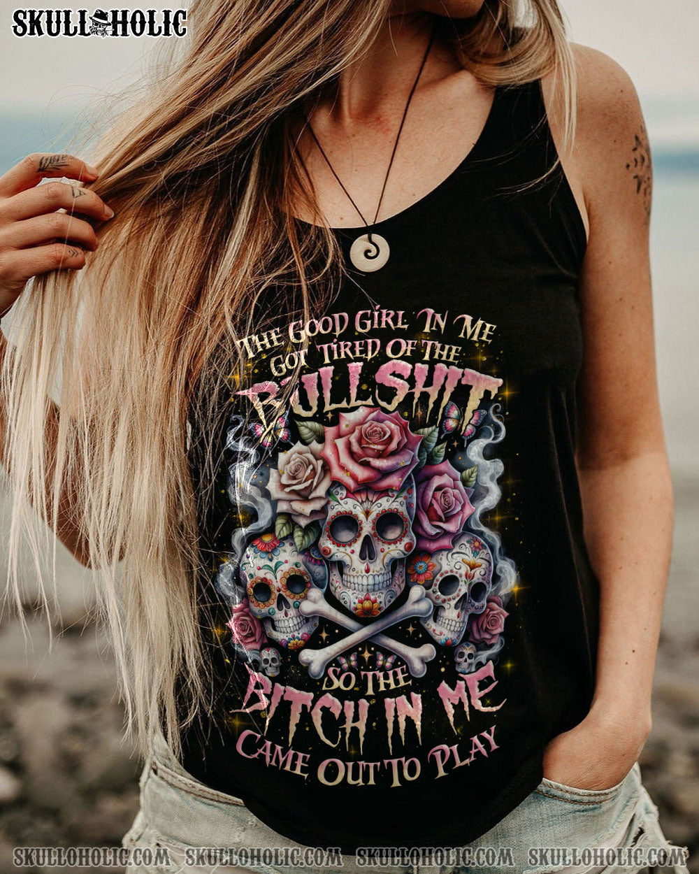 Tired of Bullshit Skull Bitch in Me Came Out Sugar Skulls and Roses Graphic AOP Shirts _9_ bkPkF