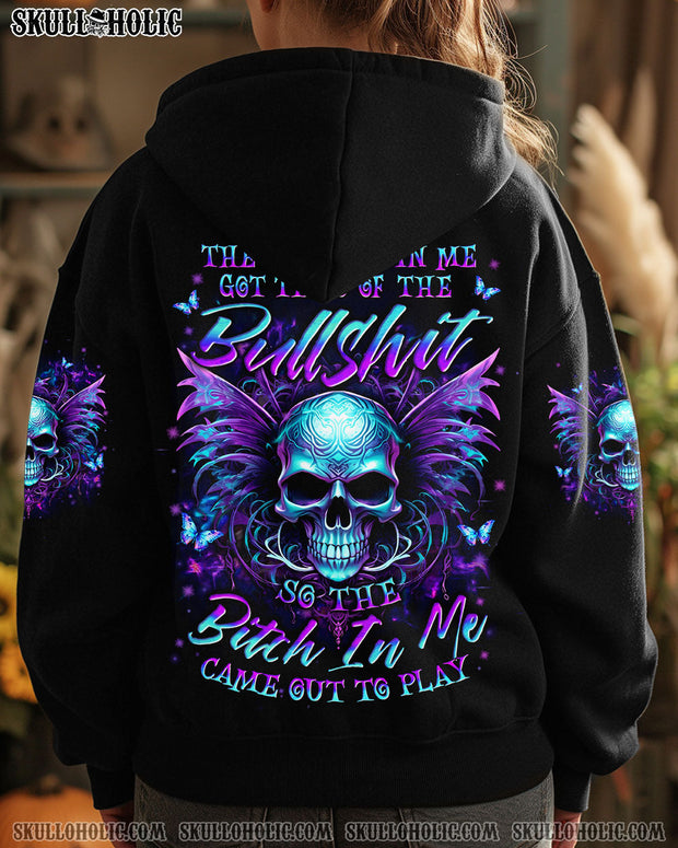 Tired Skull B in Me Came out- Purple Neon Skull Wings Graphic - AOP Shirts