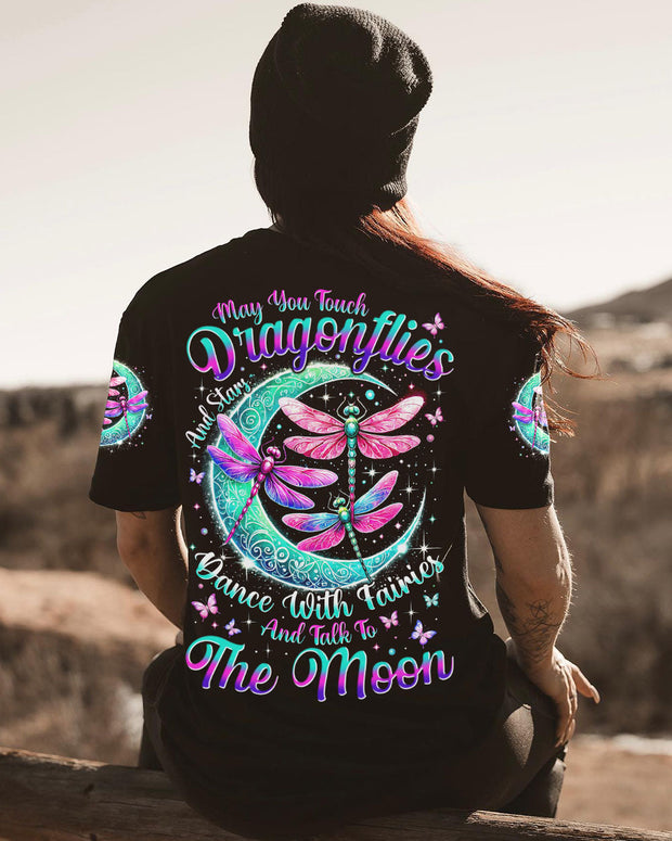 Touch Dragonflies Talk to the Moon - Dragonfly and Moon Graphic - AOP Shirts