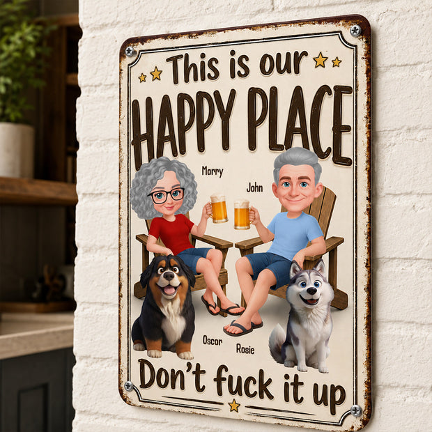 This is Our Happy Place Couple and Dogs - Personalized Metal Sign - Gift For Couple, Family