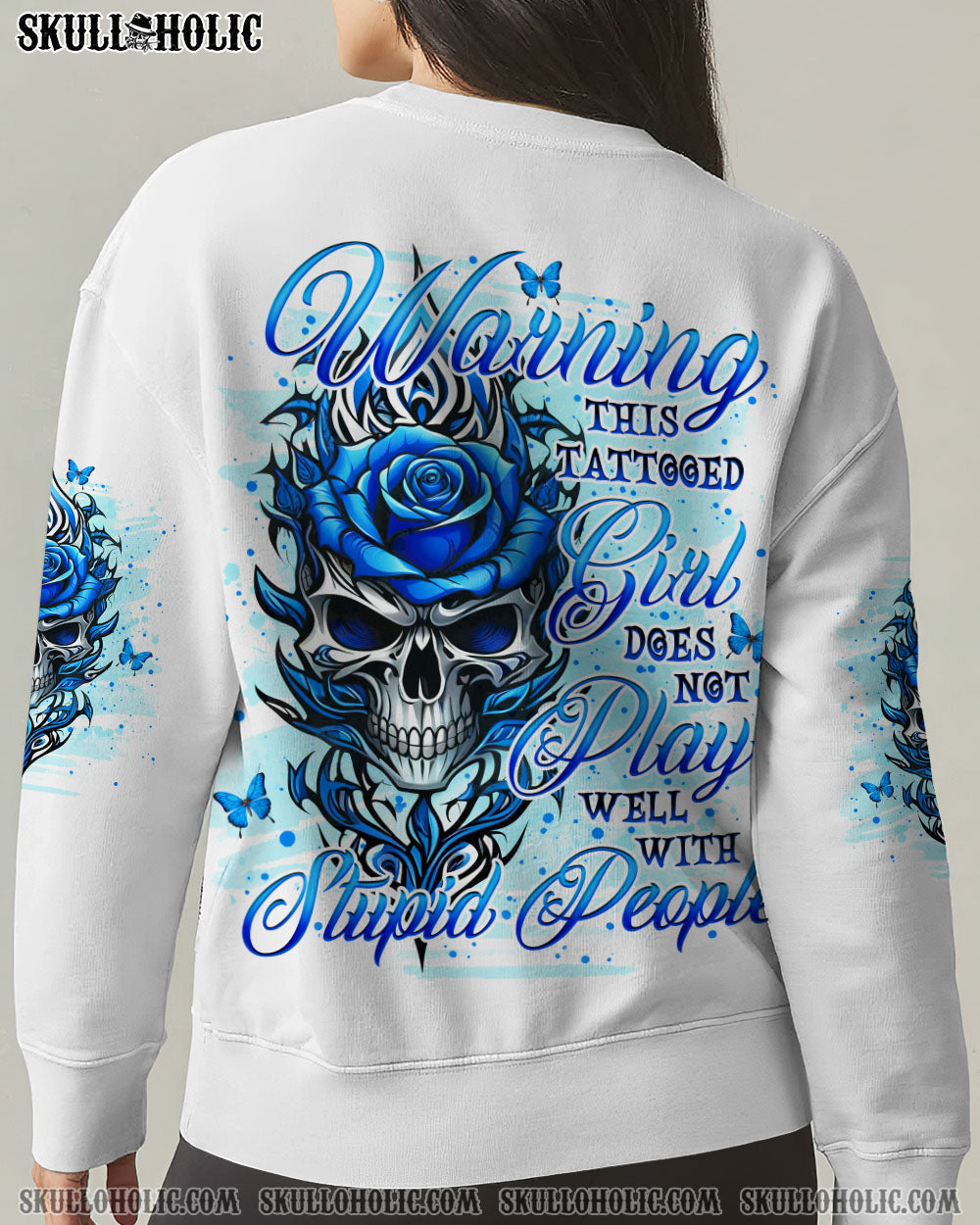 Warning this Tattooed Girl does not Play well with Stupid People Blue Skull Rose Graphic AOP Shirts _3_ eKb4Q