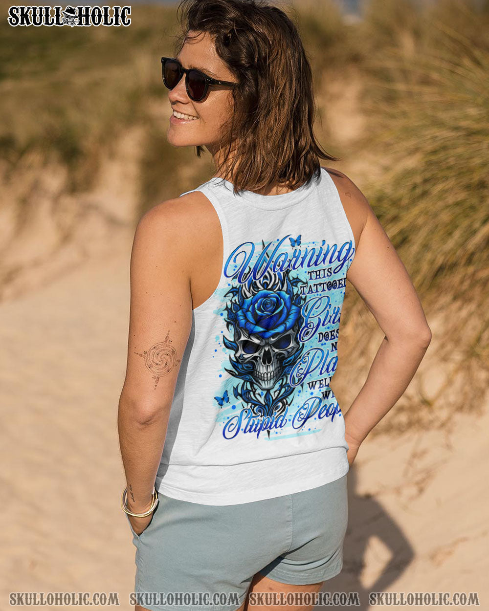 Warning this Tattooed Girl does not Play well with Stupid People Blue Skull Rose Graphic AOP Shirts _7_ vSPb3