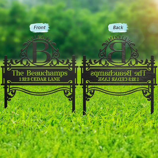 WelcomeFamilyNameMonogram PersonalizedMetalGardenStake Mk1