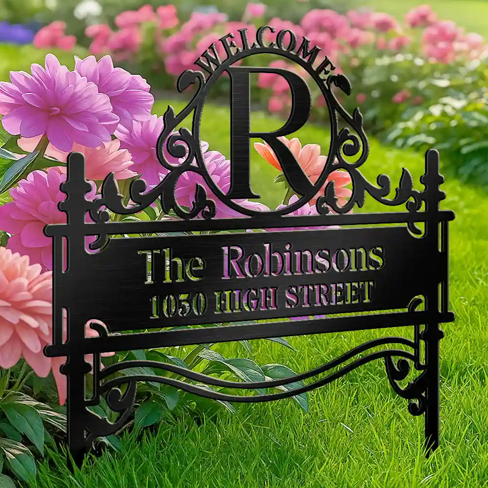 WelcomeFamilyNameMonogram PersonalizedMetalGardenStake Mk3