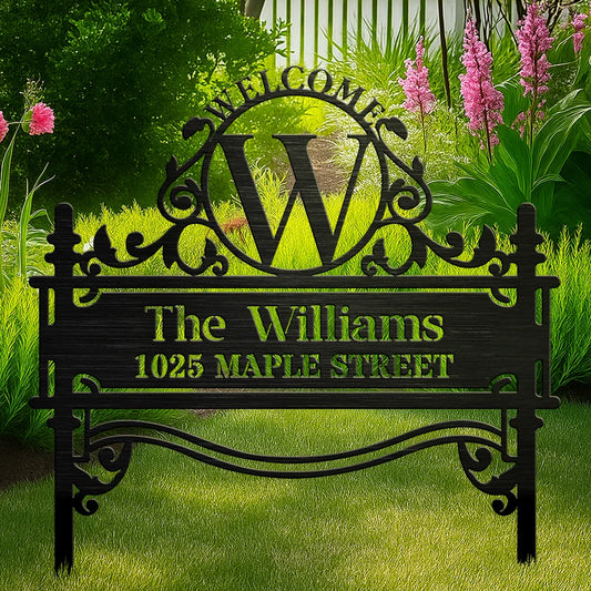 WelcomeFamilyNameMonogram PersonalizedMetalGardenStake MkDefault