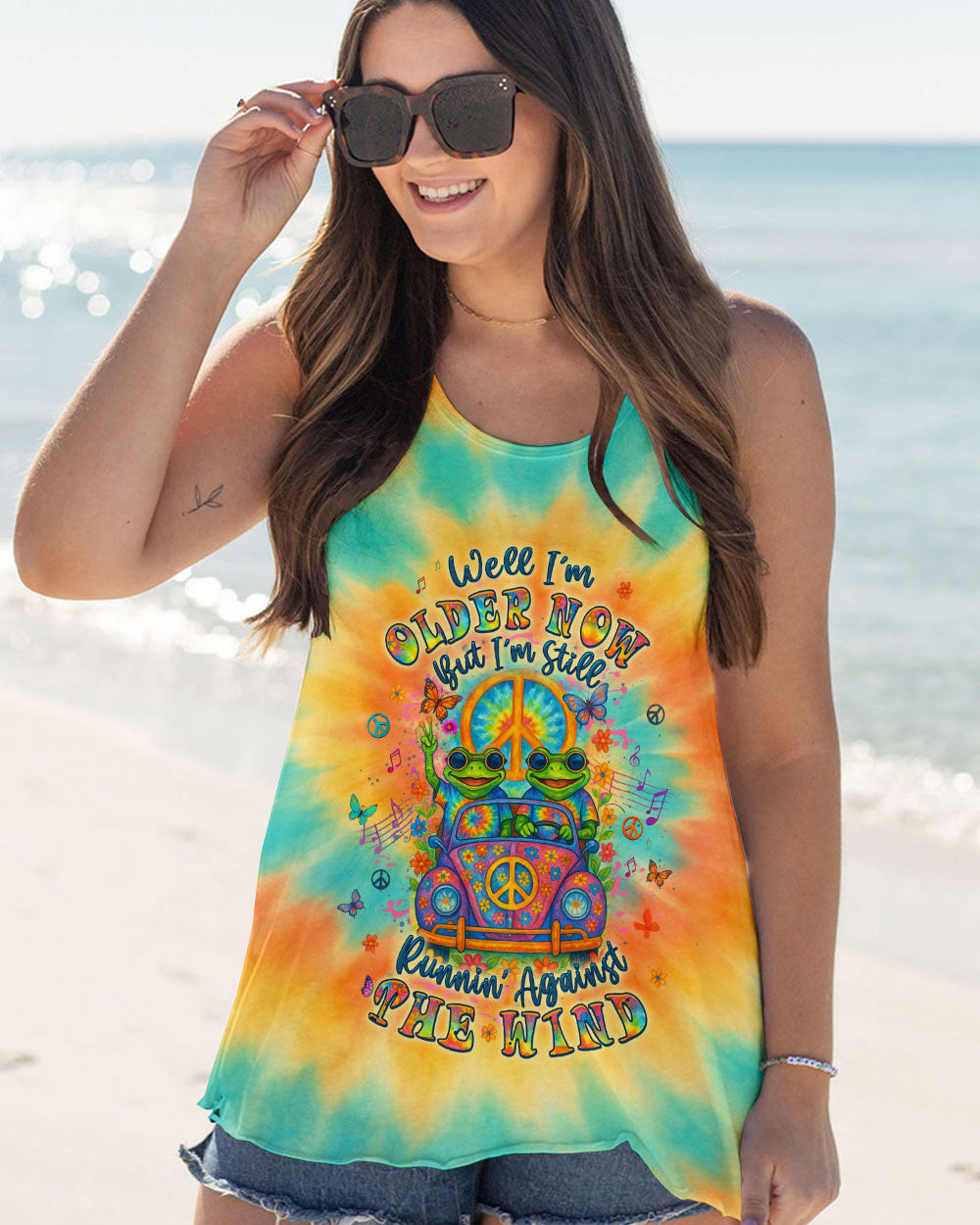 Well Im Older Now Butt Im Still Runnin Against The Wind Tie Dye Frog with Music Graphic for Women AOP Shirts _11_ LD4PK