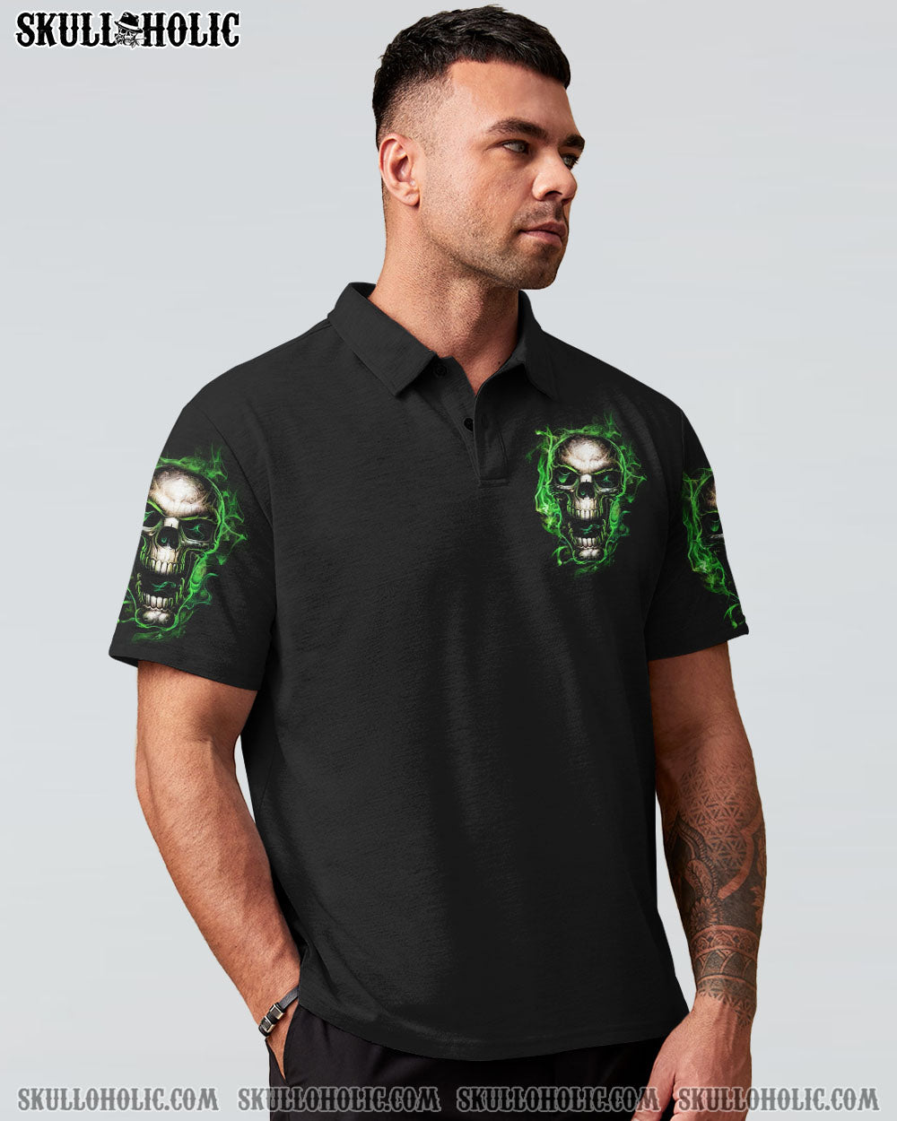 When I Was Born The Devil Said Oh S Competition Green Flame Skull Bold Graphic AOP Shirts _9_ oBemH