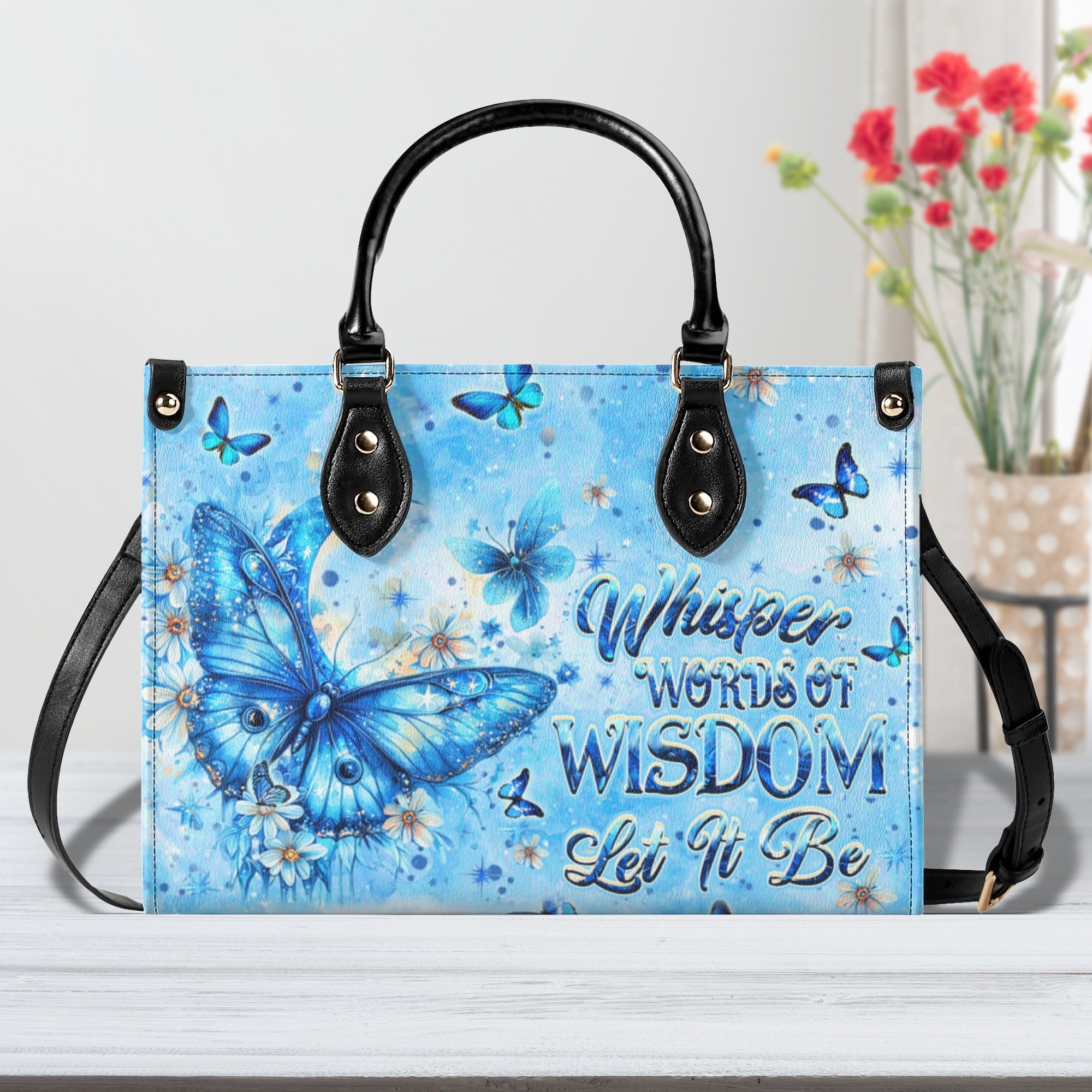 Whisper Words of Wisdom Let It Be Blue Butterfly Floral Hippie Leather Bag _7_ uwkop