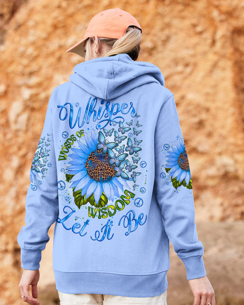 Whisper Words of Wisdom Let It Be Blue Sunflower with Butterfly Quote Graphic AOP Shirts _13_ G7WaO