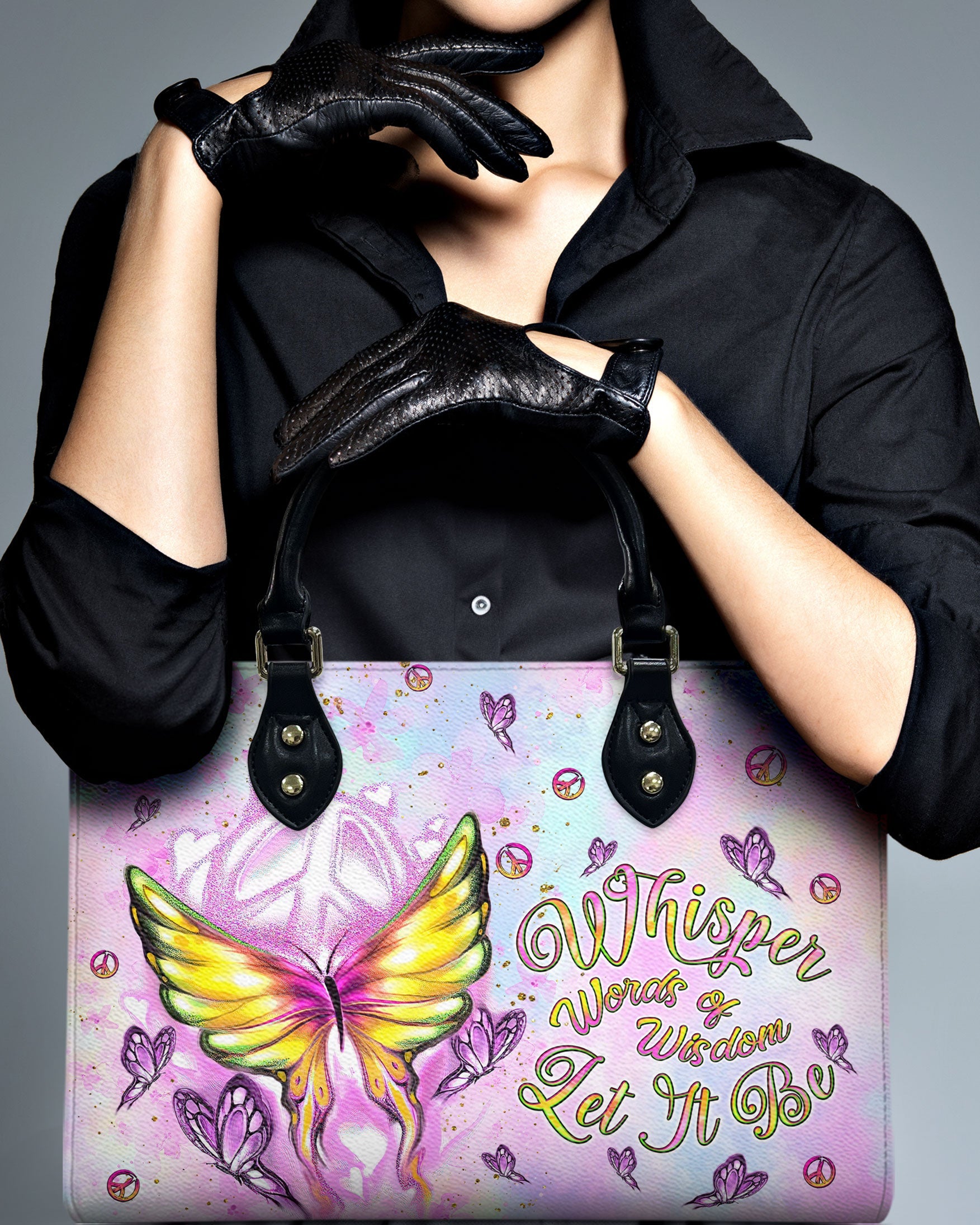 Whisper Words of Wisdom Let It Be Boho Pastel Butterfly with Peace Sign Hippide Leather Bag _6_ VMPPL