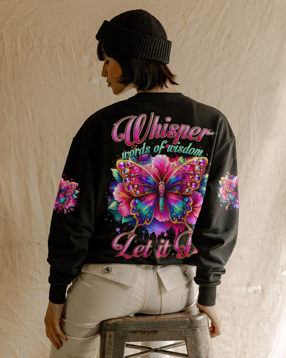 Whisper Words of Wisdom Let It Be Colorful Butterfly Vibrant Quote Graphic AOP Shirt _9_ JMyx7