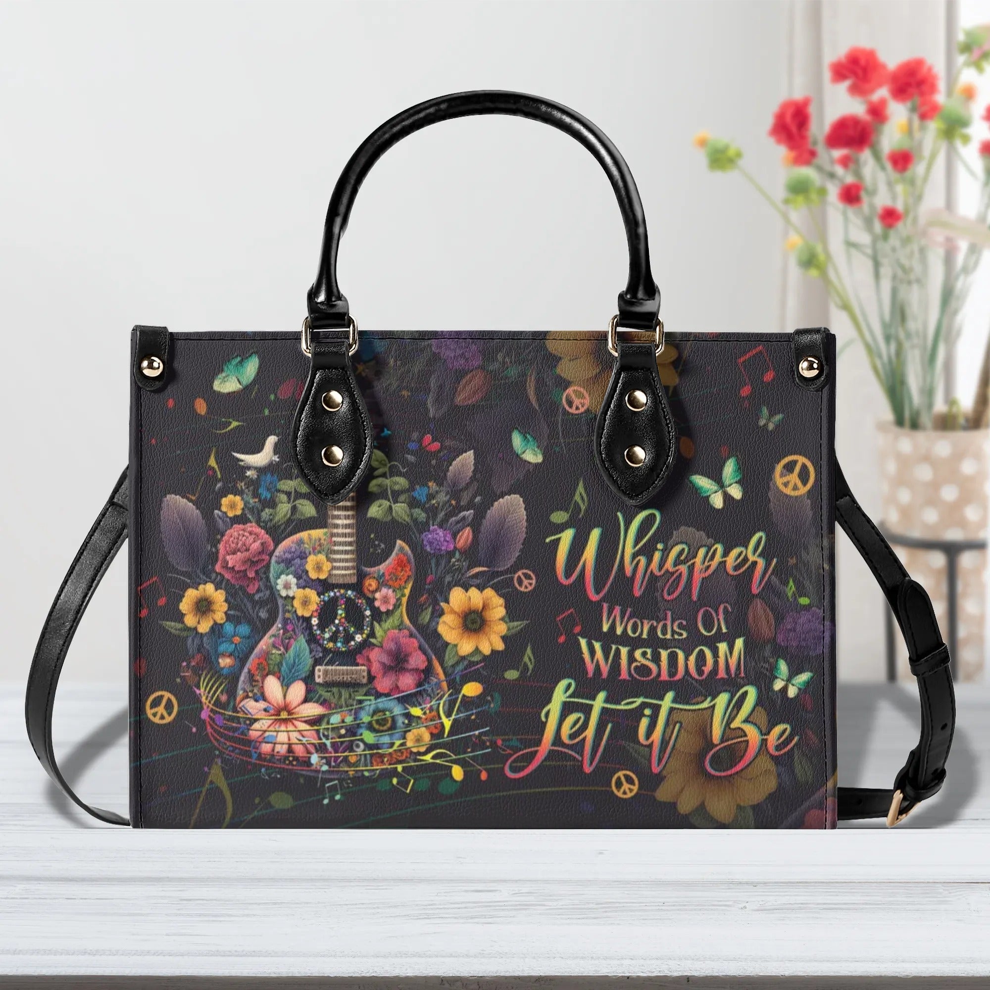 Whisper Words of Wisdom Let It Be Floral Guitar Music Hippie Leather Bag _1_ yVxJv