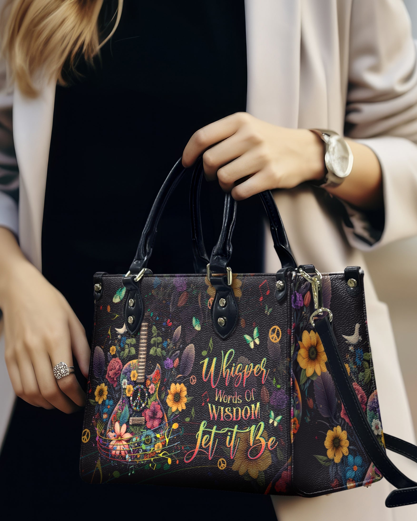 Whisper Words of Wisdom Let It Be Floral Guitar Music Hippie Leather Bag _6_ lzdeP