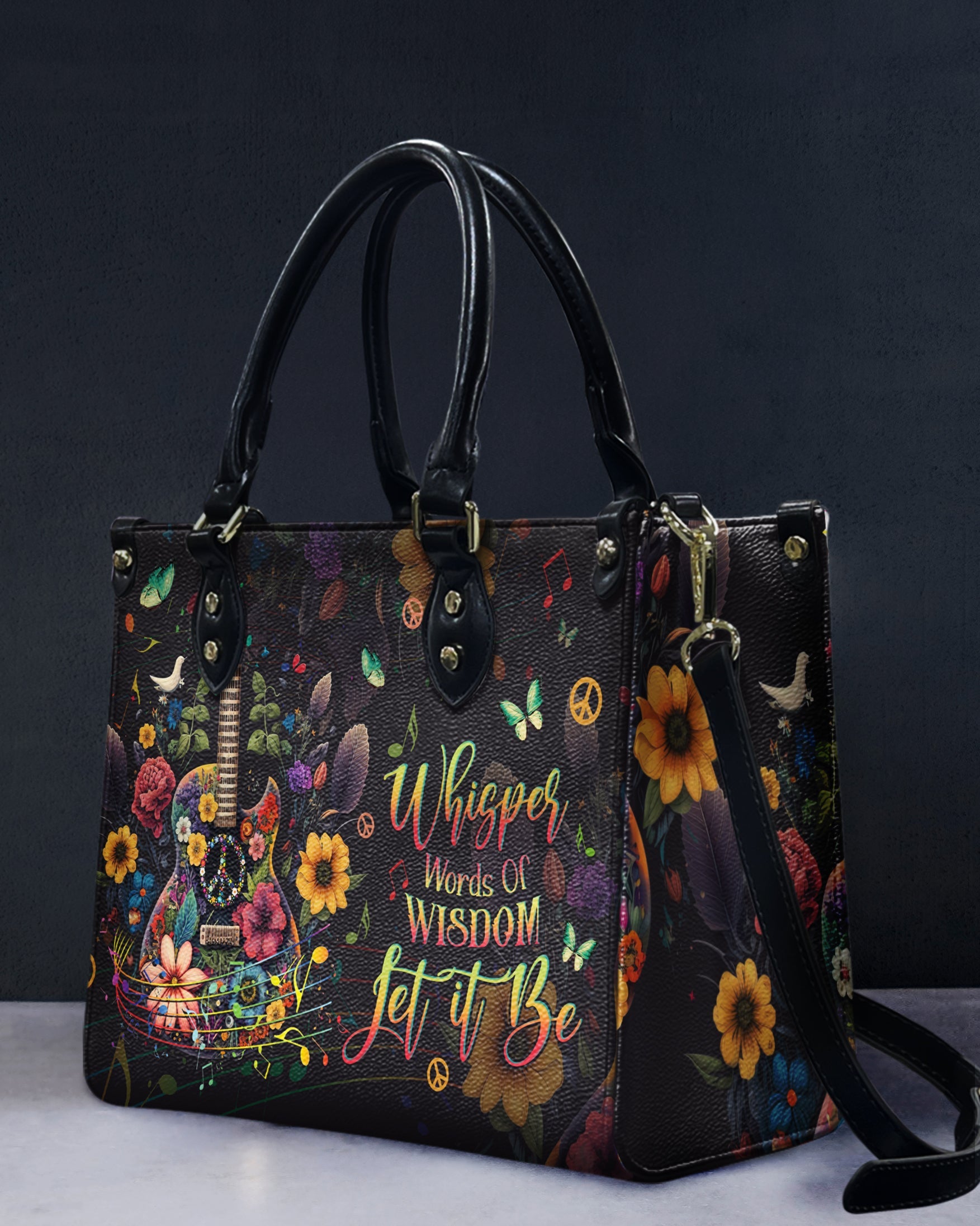 Whisper Words of Wisdom Let It Be Floral Guitar Music Hippie Leather Bag _7_ Bc9v0