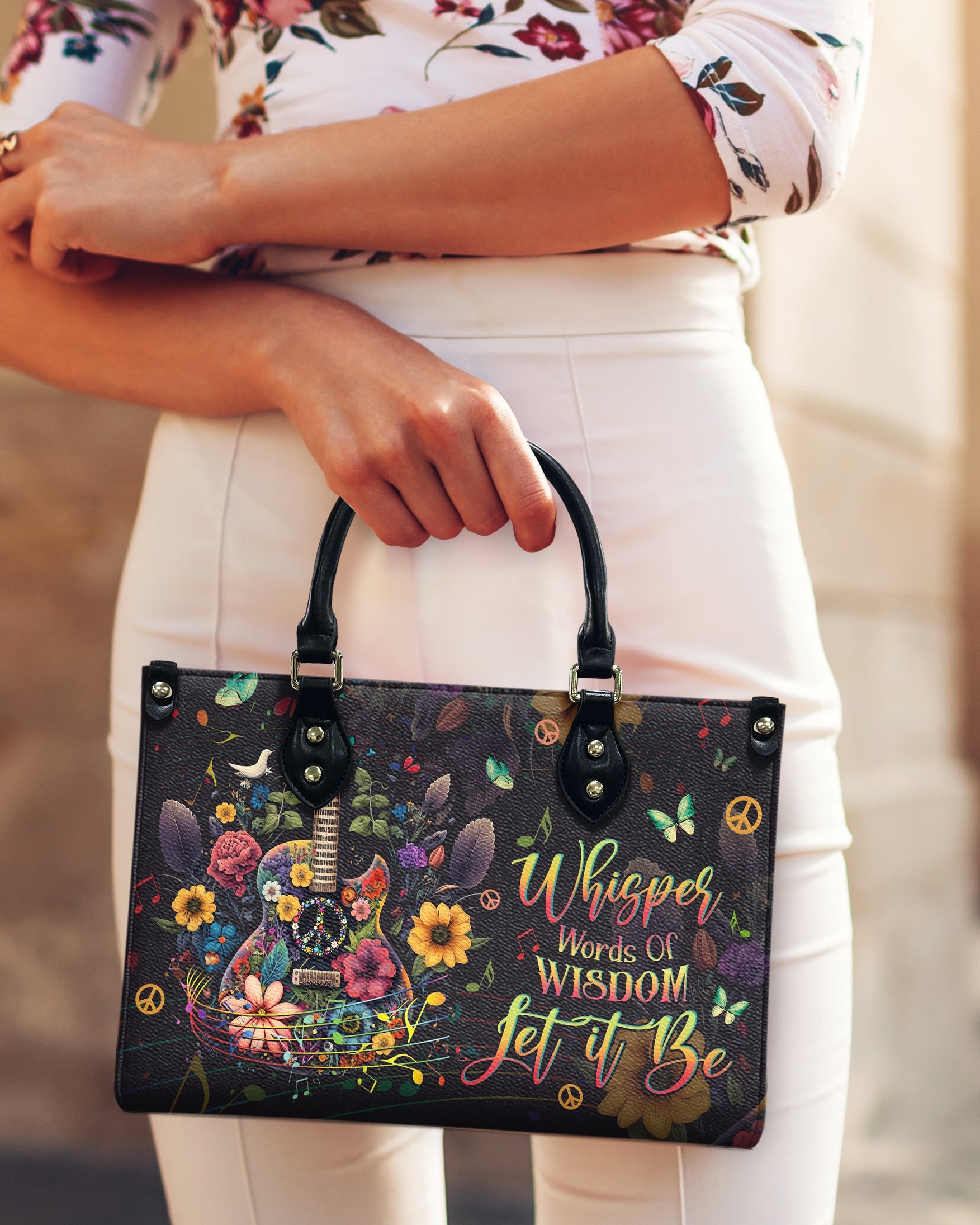 Whisper Words of Wisdom Let It Be Floral Guitar Music Hippie Leather Bag _9_ QxdTA