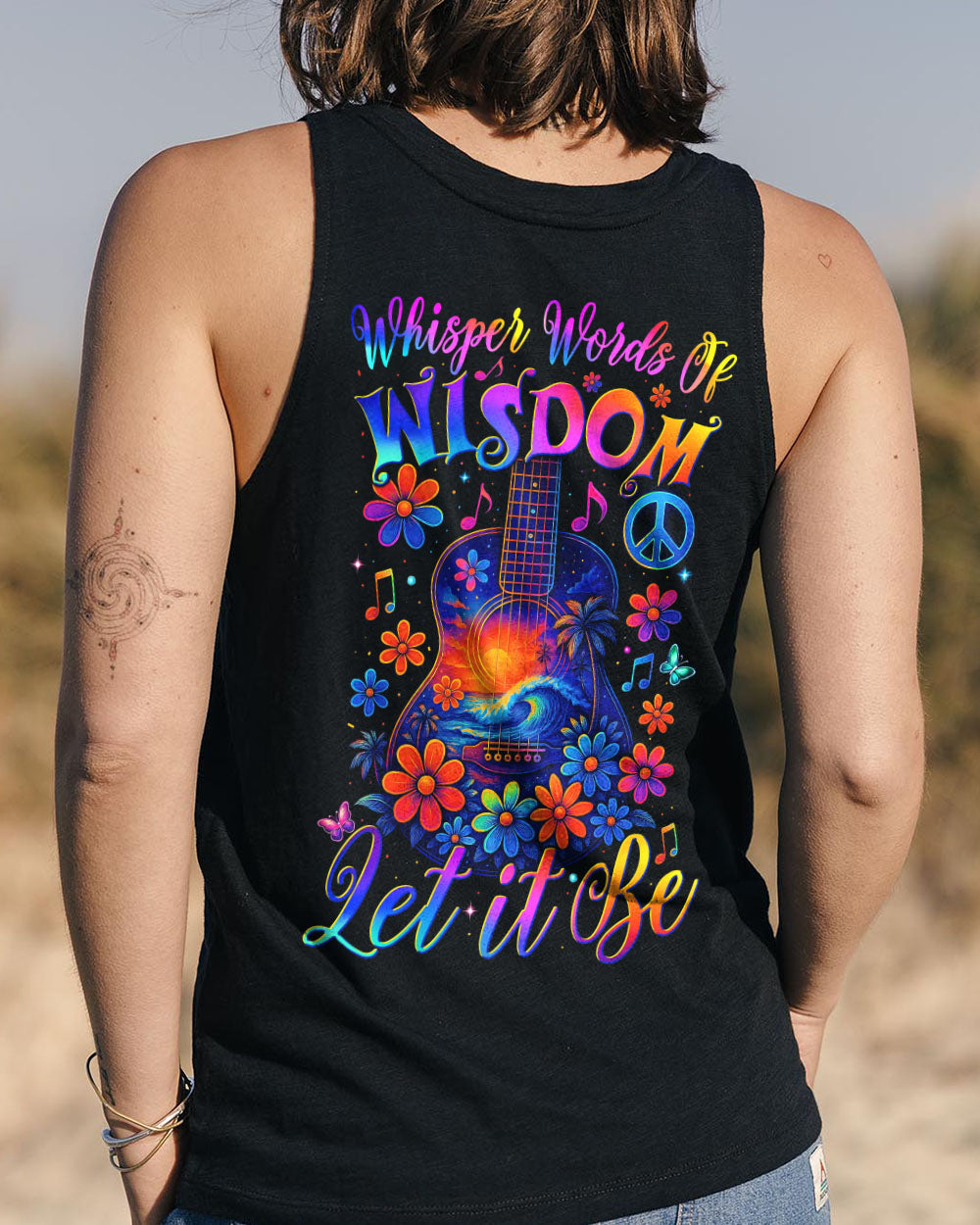 Whisper Words of Wisdom Let It Be Flower Guitar with Beach Graphic for Women AOP Shirts _13_ 4lV10