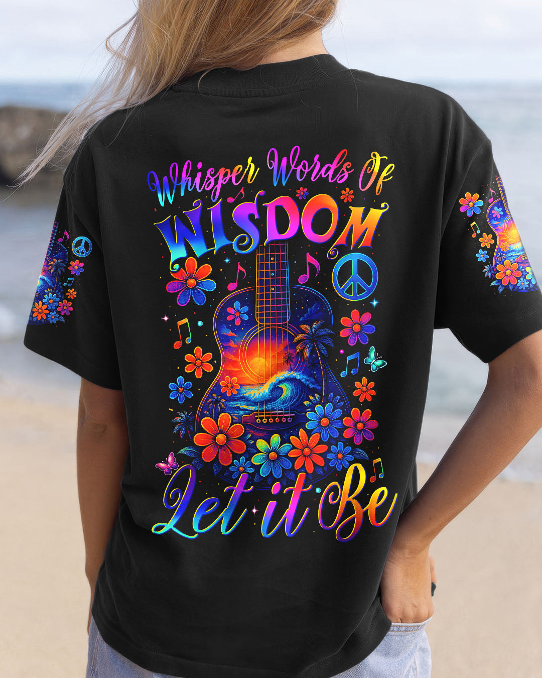 Whisper Words of Wisdom Let It Be Flower Guitar with Beach Graphic for Women AOP Shirts _1_ 6smnu