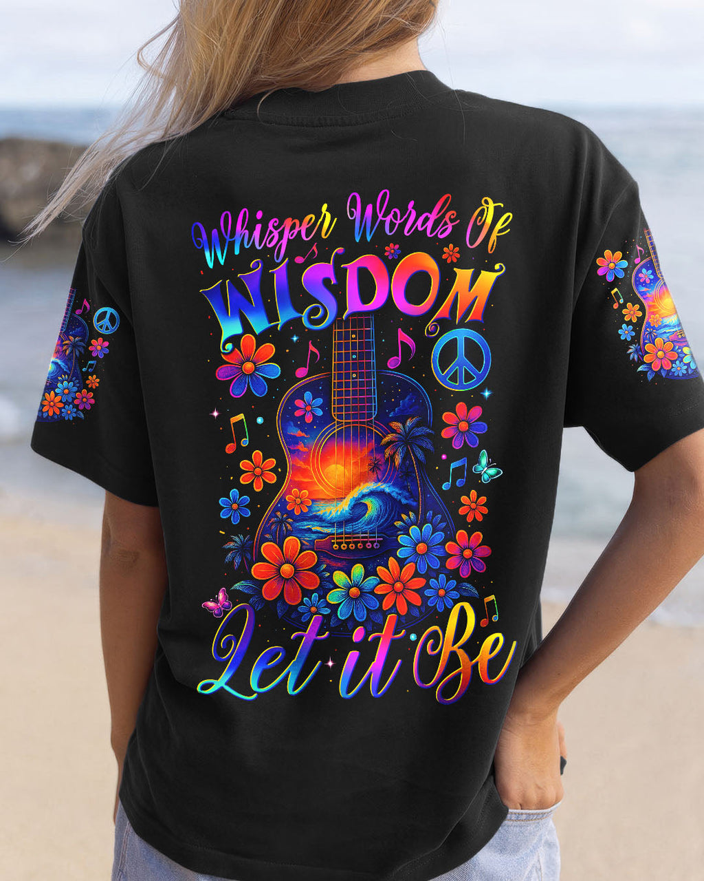 Whisper Words of Wisdom Let It Be Flower Guitar with Beach Graphic for Women AOP Shirts _1_ 6smnu