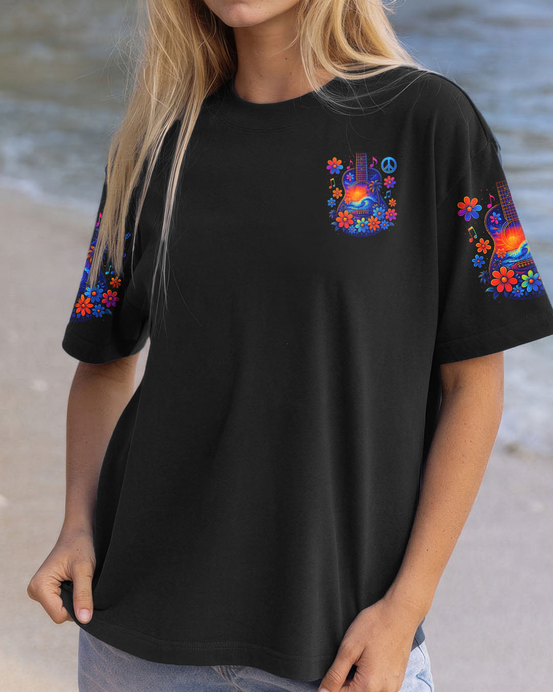 Whisper Words of Wisdom Let It Be Flower Guitar with Beach Graphic for Women AOP Shirts _2_ nWcJy