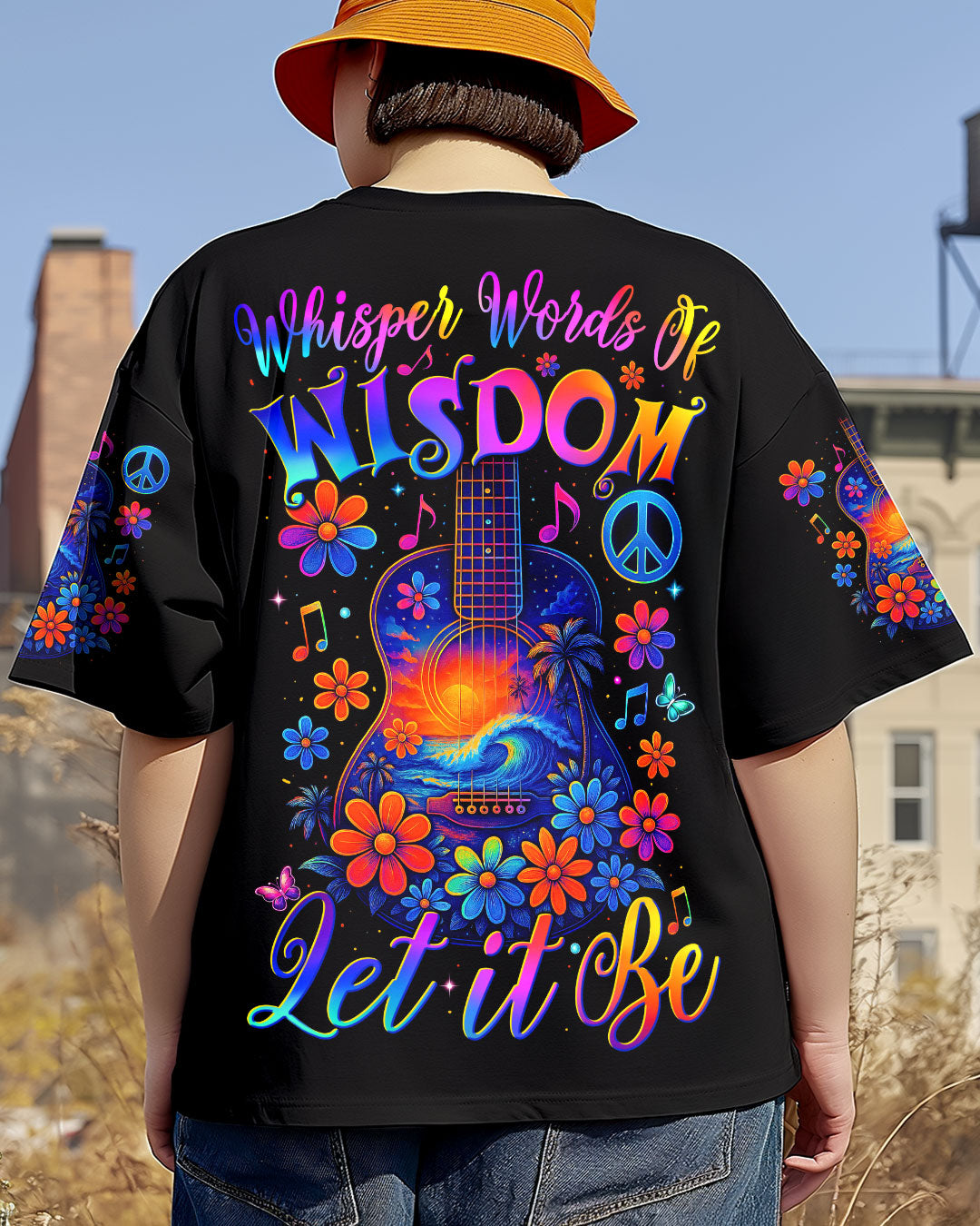 Whisper Words of Wisdom Let It Be Flower Guitar with Beach Graphic for Women AOP Shirts _3_ LXUKE