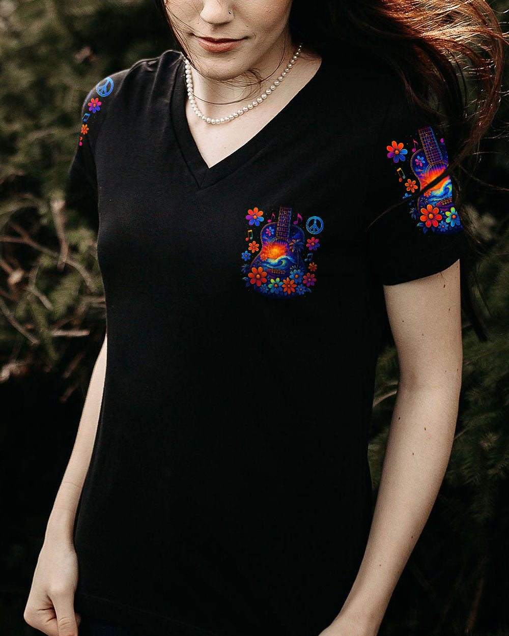 Whisper Words of Wisdom Let It Be Flower Guitar with Beach Graphic for Women AOP Shirts _4_ zheHG