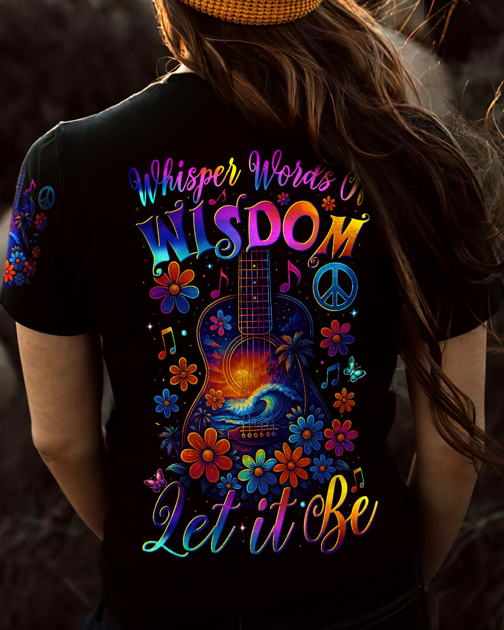 Whisper Words of Wisdom Let It Be Flower Guitar with Beach Graphic for Women AOP Shirts _5_ hvFE5