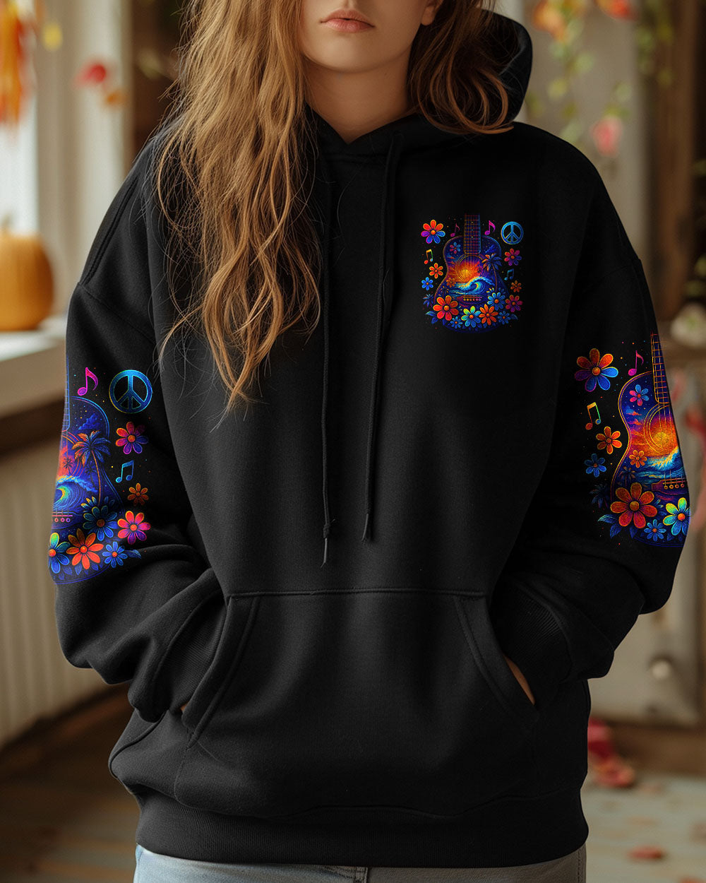 Whisper Words of Wisdom Let It Be Flower Guitar with Beach Graphic for Women AOP Shirts _6_ yGJEv