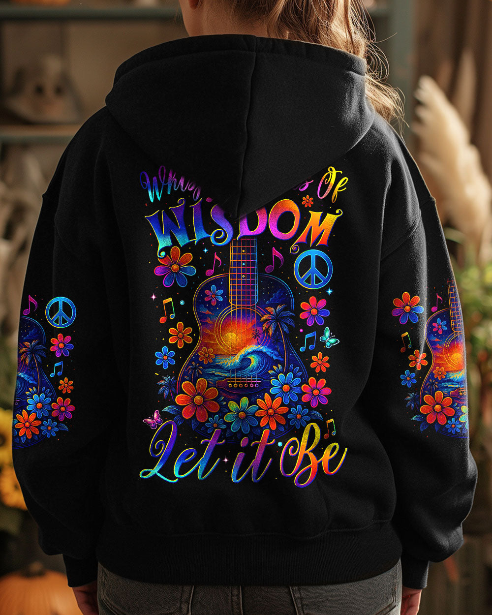 Whisper Words of Wisdom Let It Be Flower Guitar with Beach Graphic for Women AOP Shirts _7_ 8t9d7