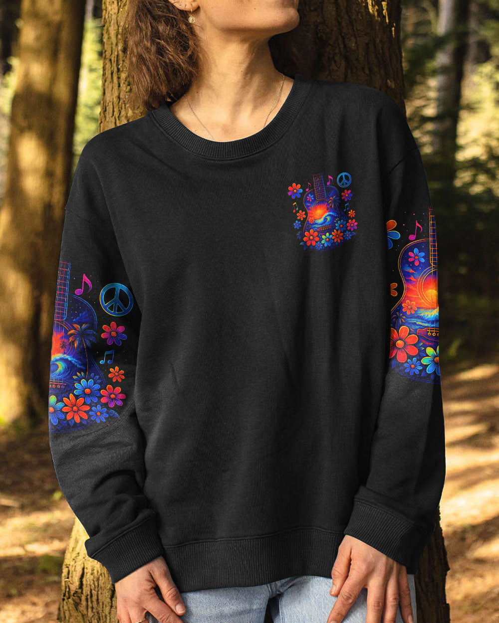 Whisper Words of Wisdom Let It Be Flower Guitar with Beach Graphic for Women AOP Shirts _8_ LMkn7