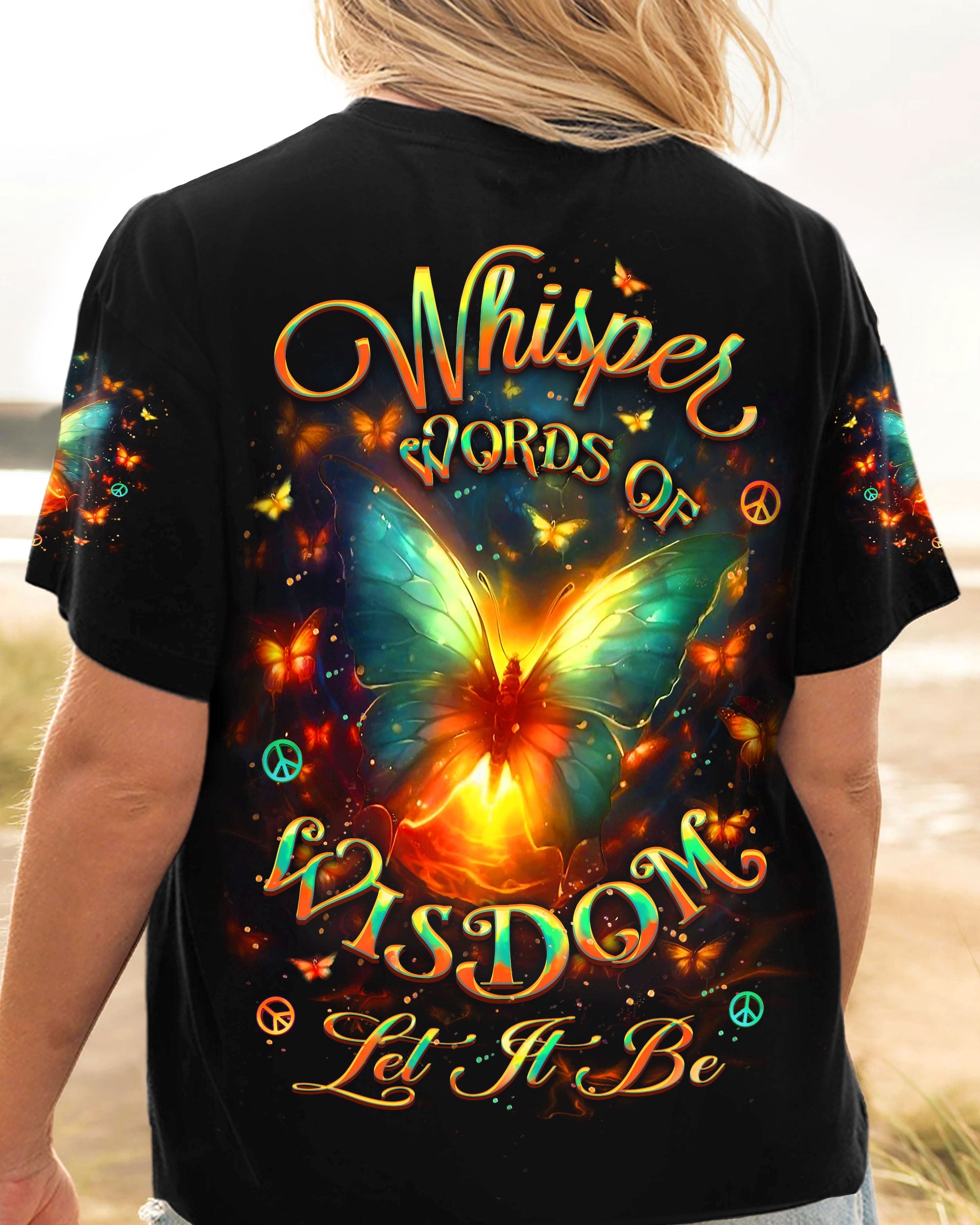 Whisper Words of Wisdom Let It Be Glowing Butterfly Inspirational AOP Shirts _3_ QswUR