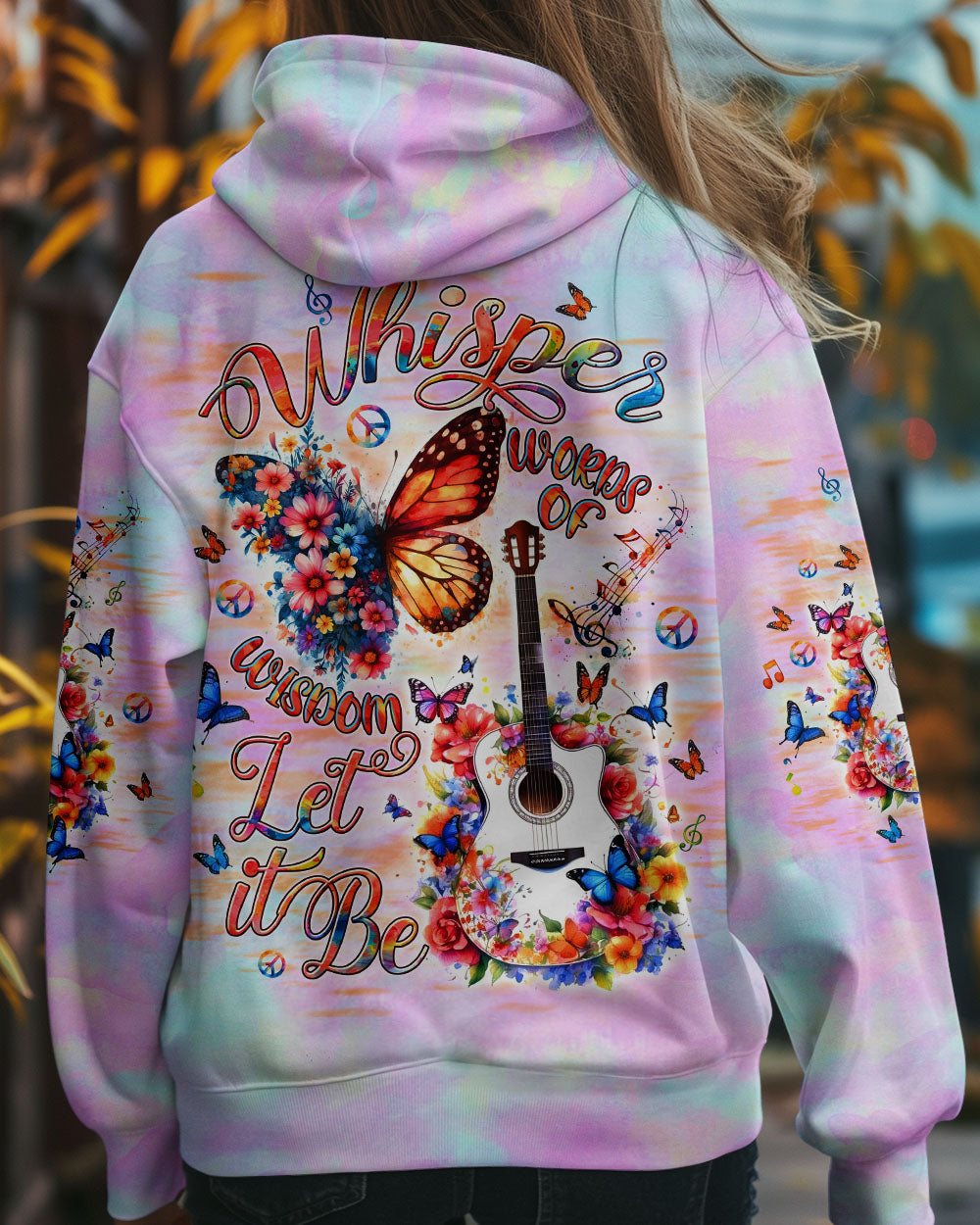 Whisper Words of Wisdom Let It Be Hippie Floral Butterfly Guitar Tie Dye AOP Shirts _7_ zPr7B