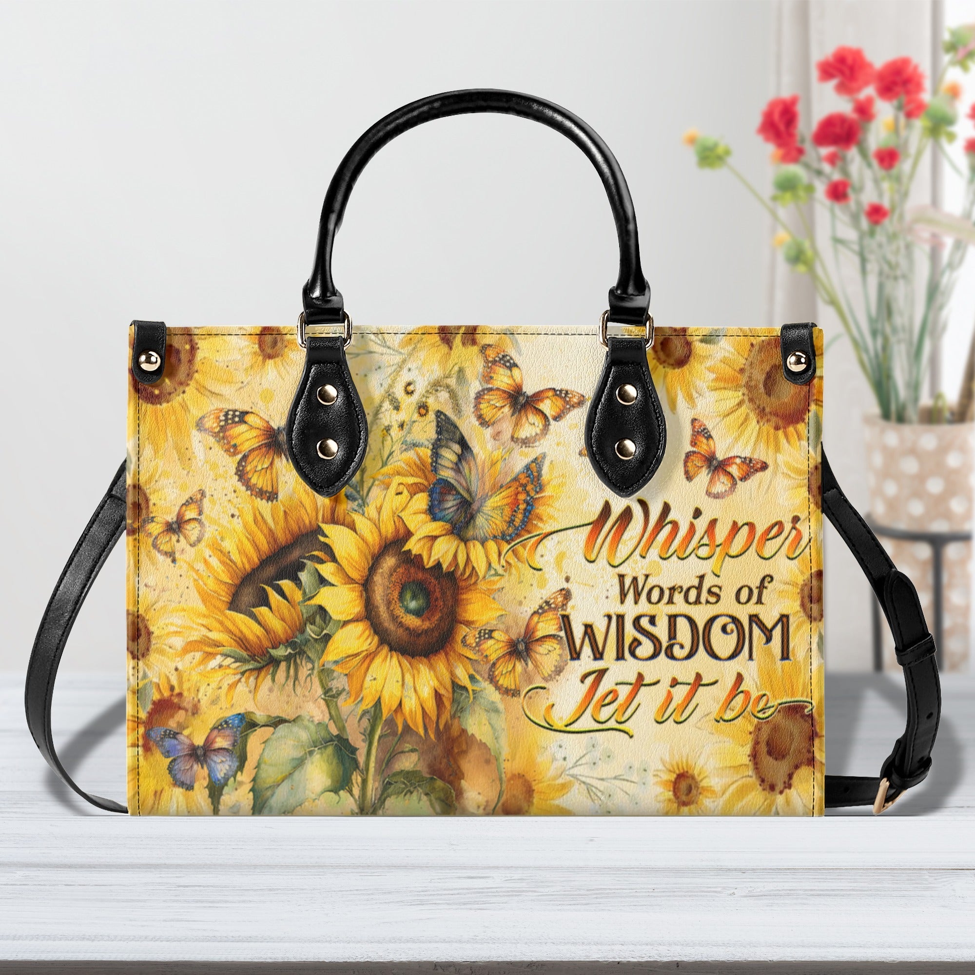 Whisper Words of Wisdom Let It Be Hippie Sunflower and Butterfly Leather Bag _1_ Mdmvm