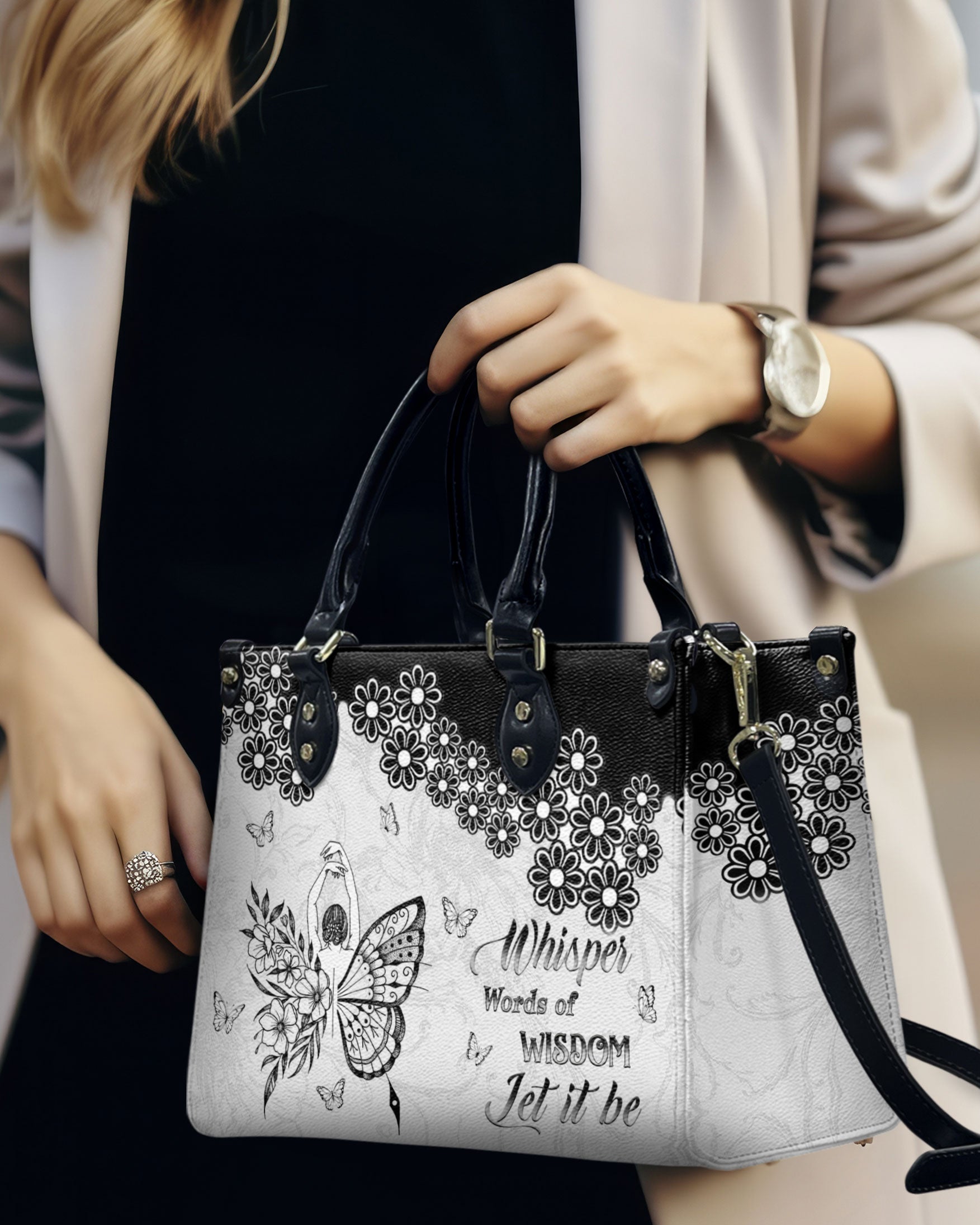 Whisper Words of Wisdom Let It Be Inspirational Black Floral Hippie Leather Bag _3_ VxsGJ