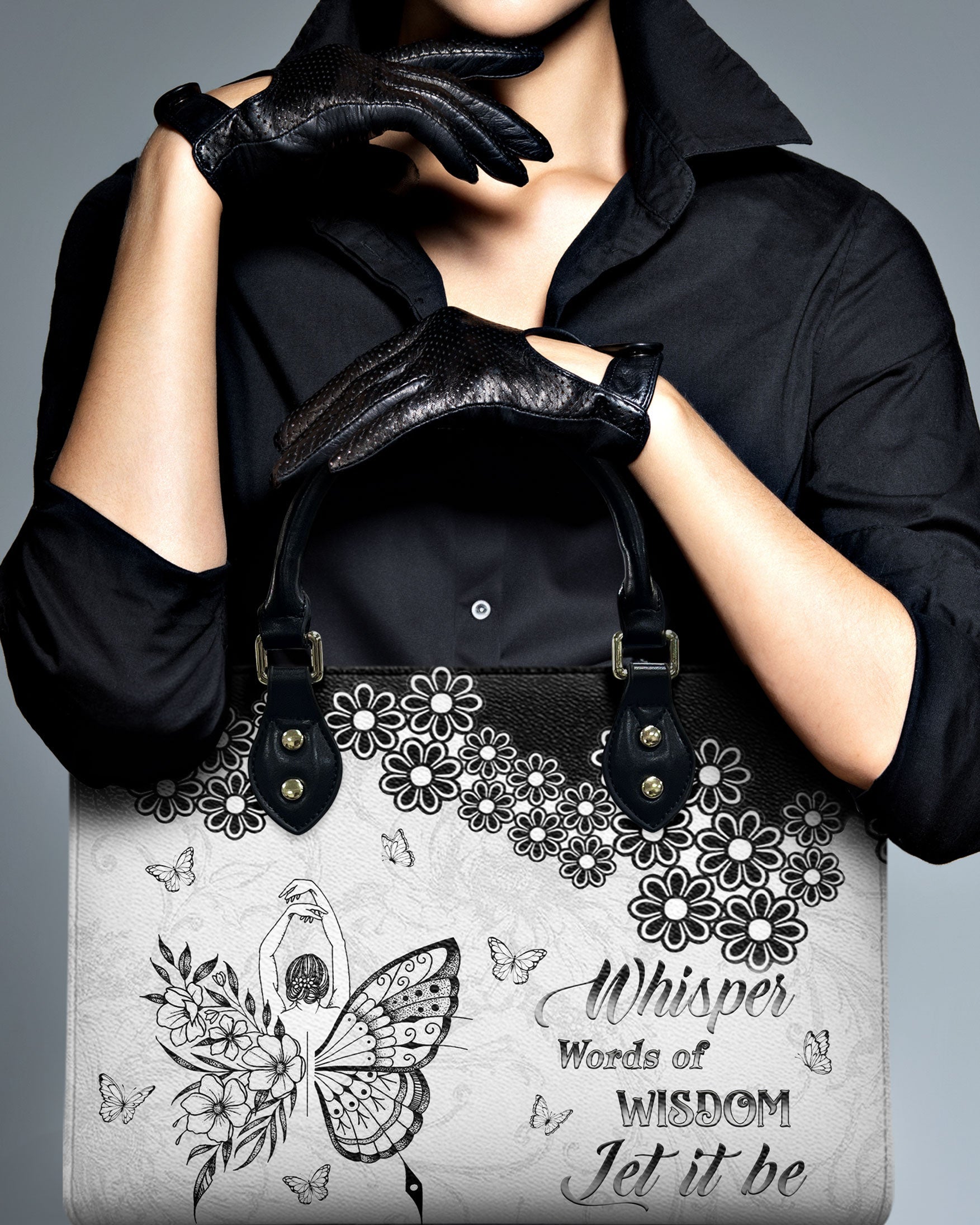 Whisper Words of Wisdom Let It Be Inspirational Black Floral Hippie Leather Bag _5_ LnVX1