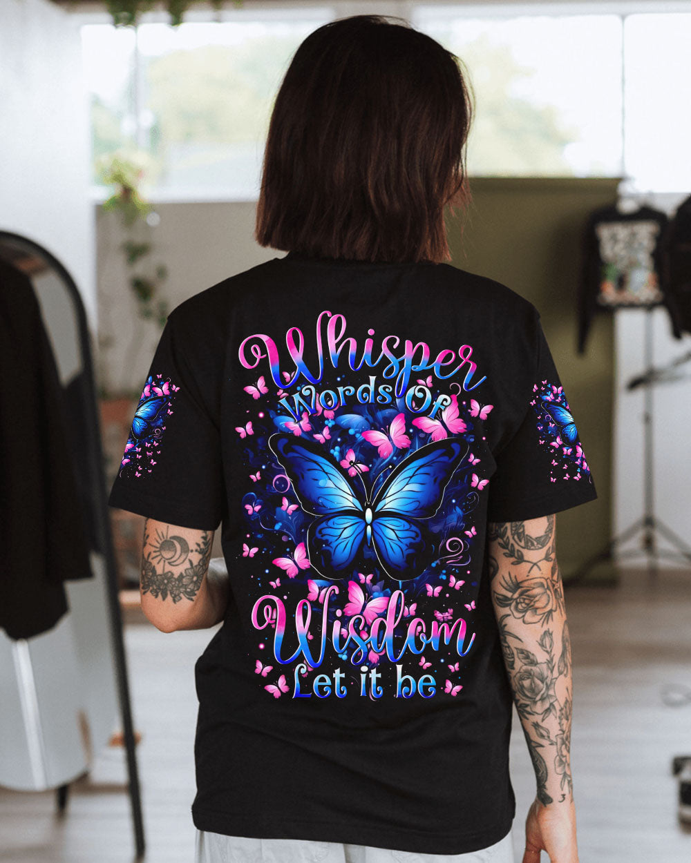 Whisper Words of Wisdom Let It Be Inspirational Blue Butterfly AOP Shirts _1_ xYr9e