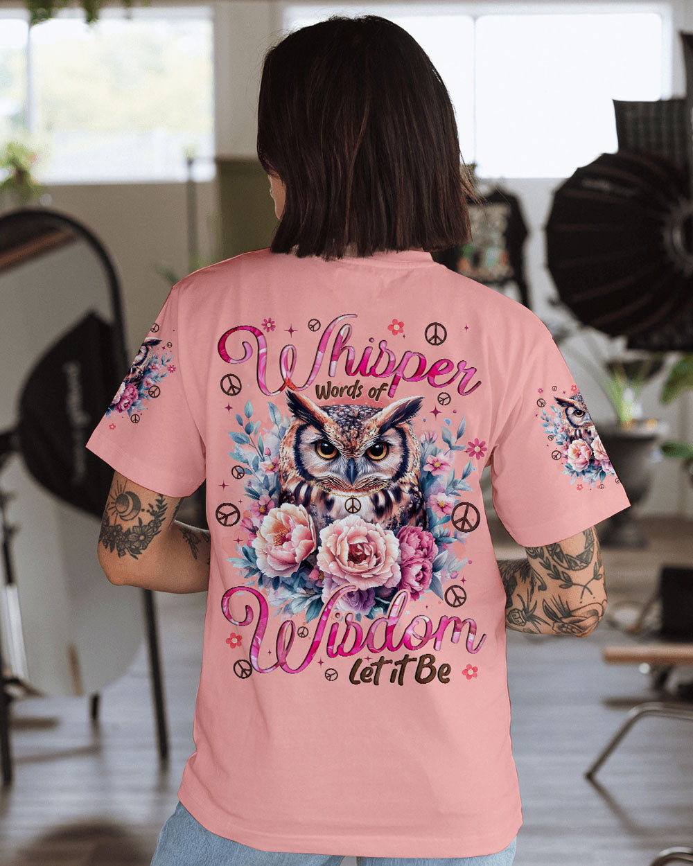 Whisper Words of Wisdom Let It Be Owl Peace Symbol Floral Design AOP Shirts _10_ aNAat