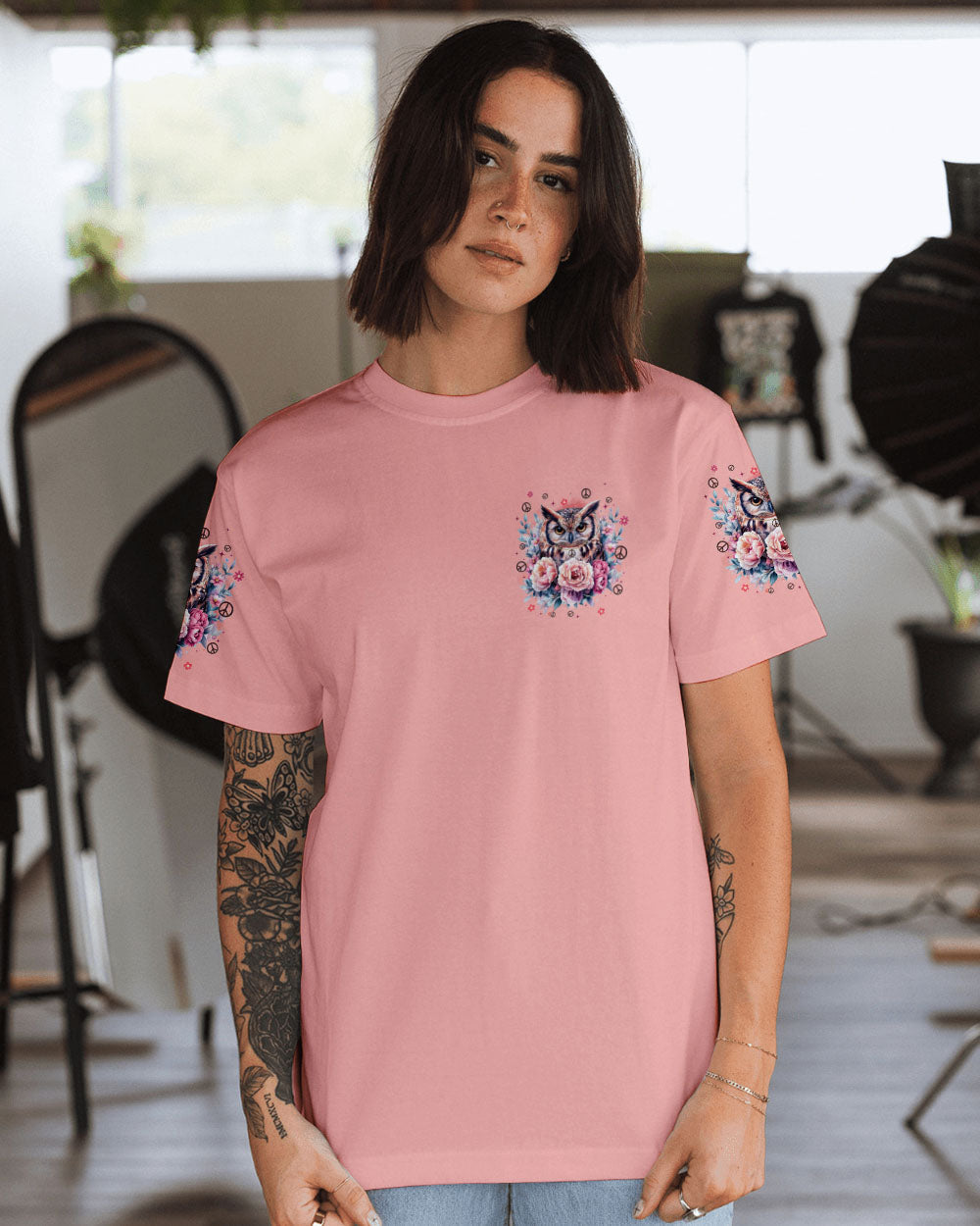 Whisper Words of Wisdom Let It Be Owl Peace Symbol Floral Design AOP Shirts _9_ hDJl7