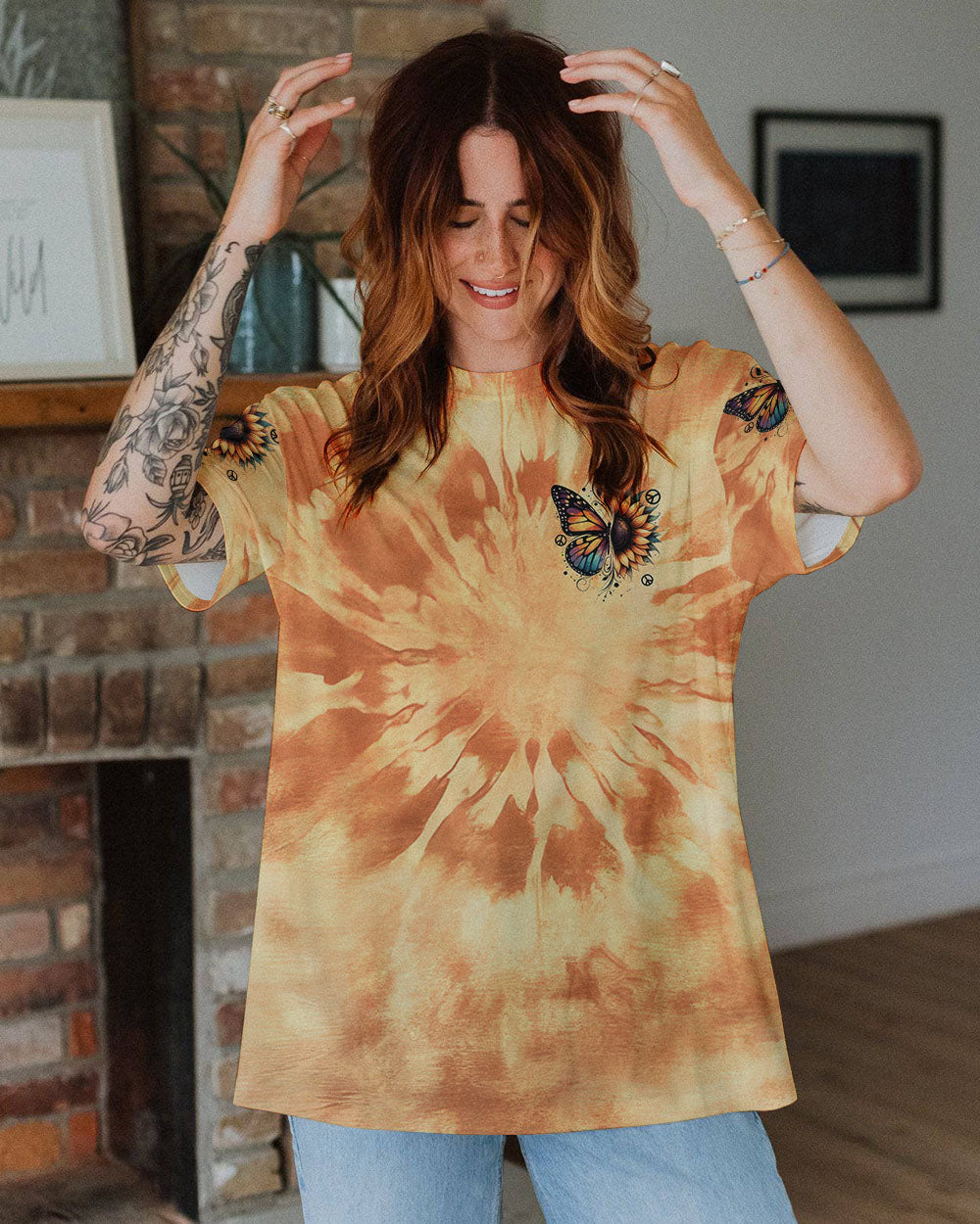 Whisper Words of Wisdom Let It Be Sunflower and Butterfly Tie Dye AOP Shirts _10_ F5buA