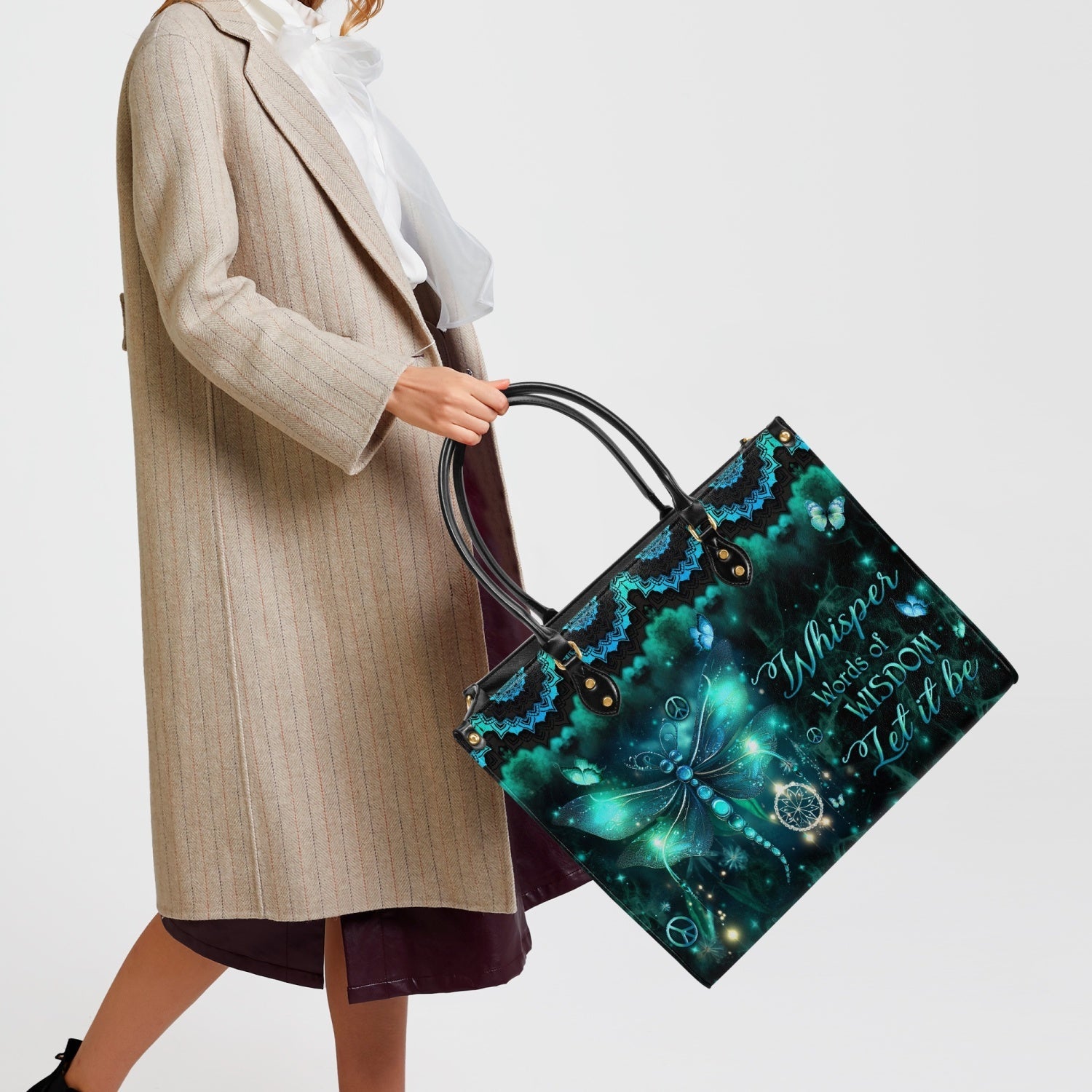 Whisper Words of Wisdom Let it be Dragonfly and Peace Symbol Hippie Leather Bag _10_ 4So5d