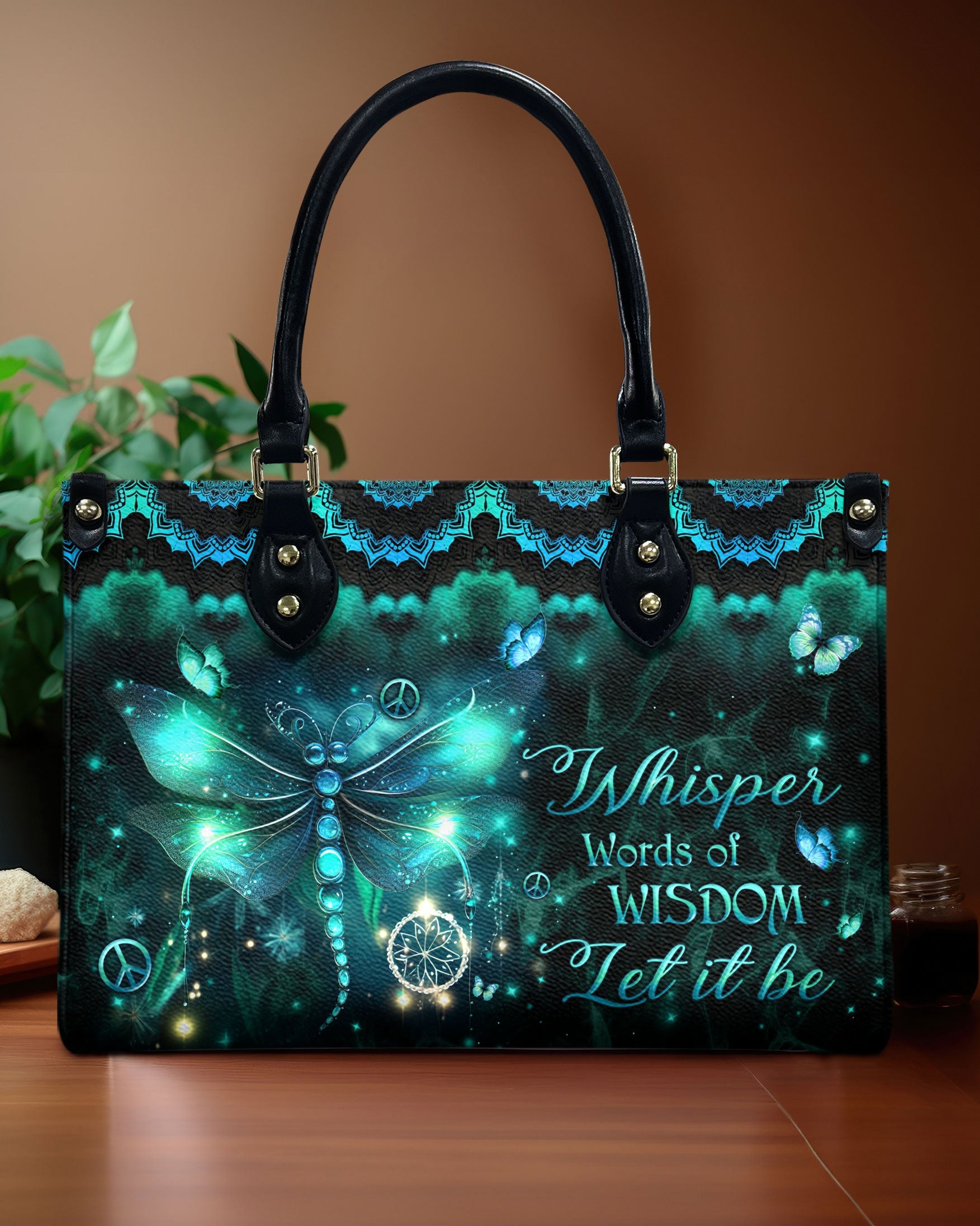 Whisper Words of Wisdom Let it be Dragonfly and Peace Symbol Hippie Leather Bag _4_ vY6qJ