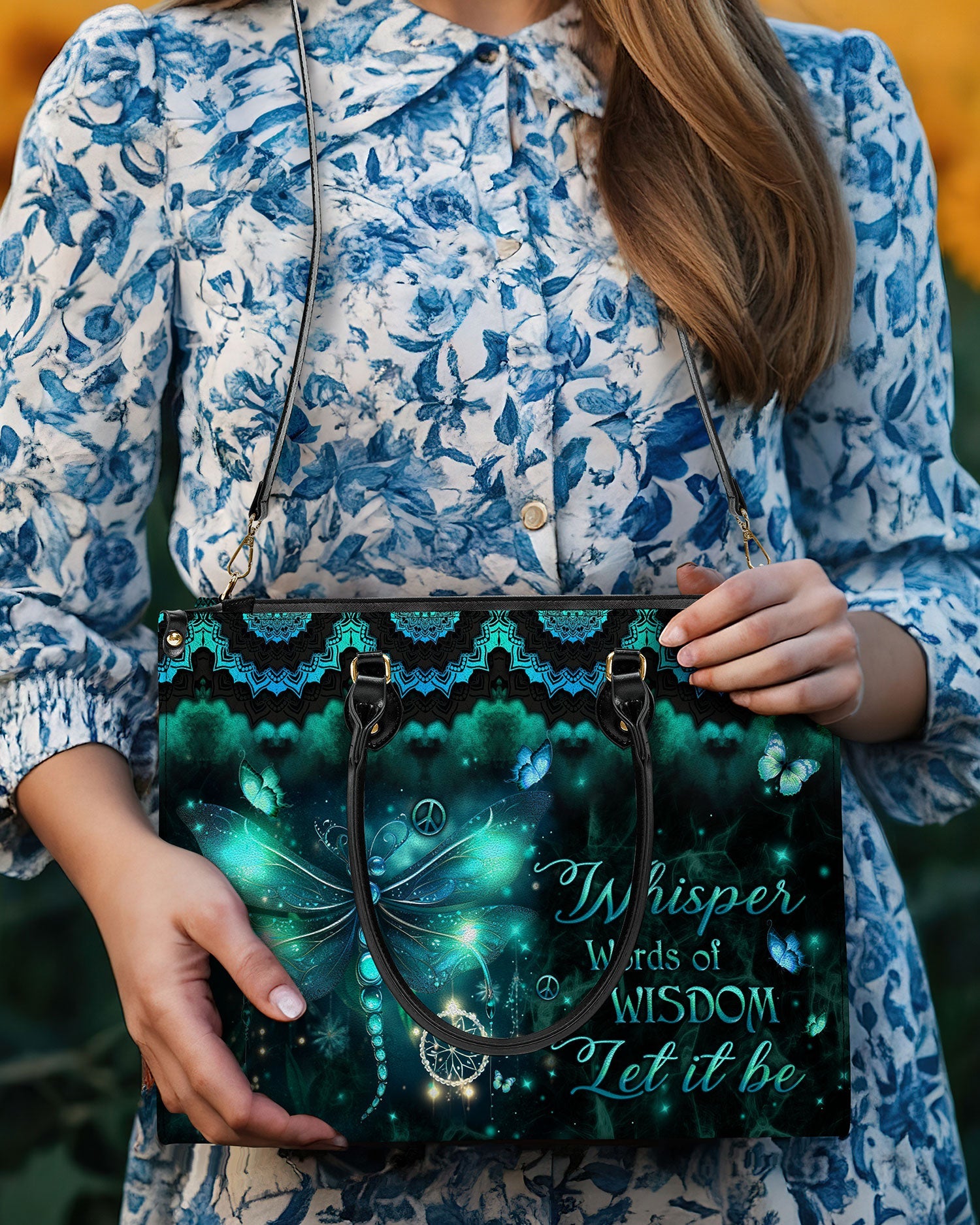 Whisper Words of Wisdom Let it be Dragonfly and Peace Symbol Hippie Leather Bag _5_ ppv3S