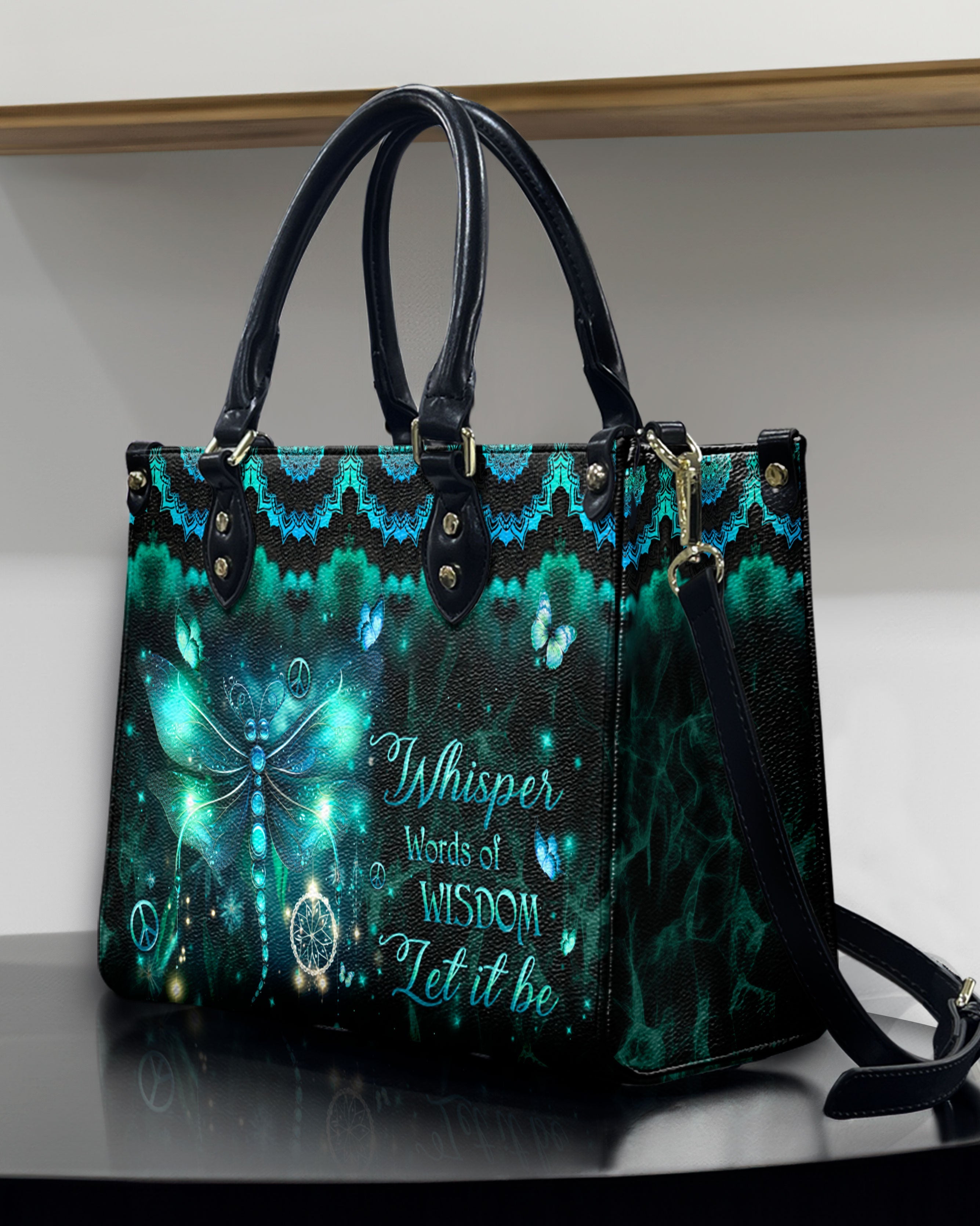 Whisper Words of Wisdom Let it be Dragonfly and Peace Symbol Hippie Leather Bag _6_ 54803