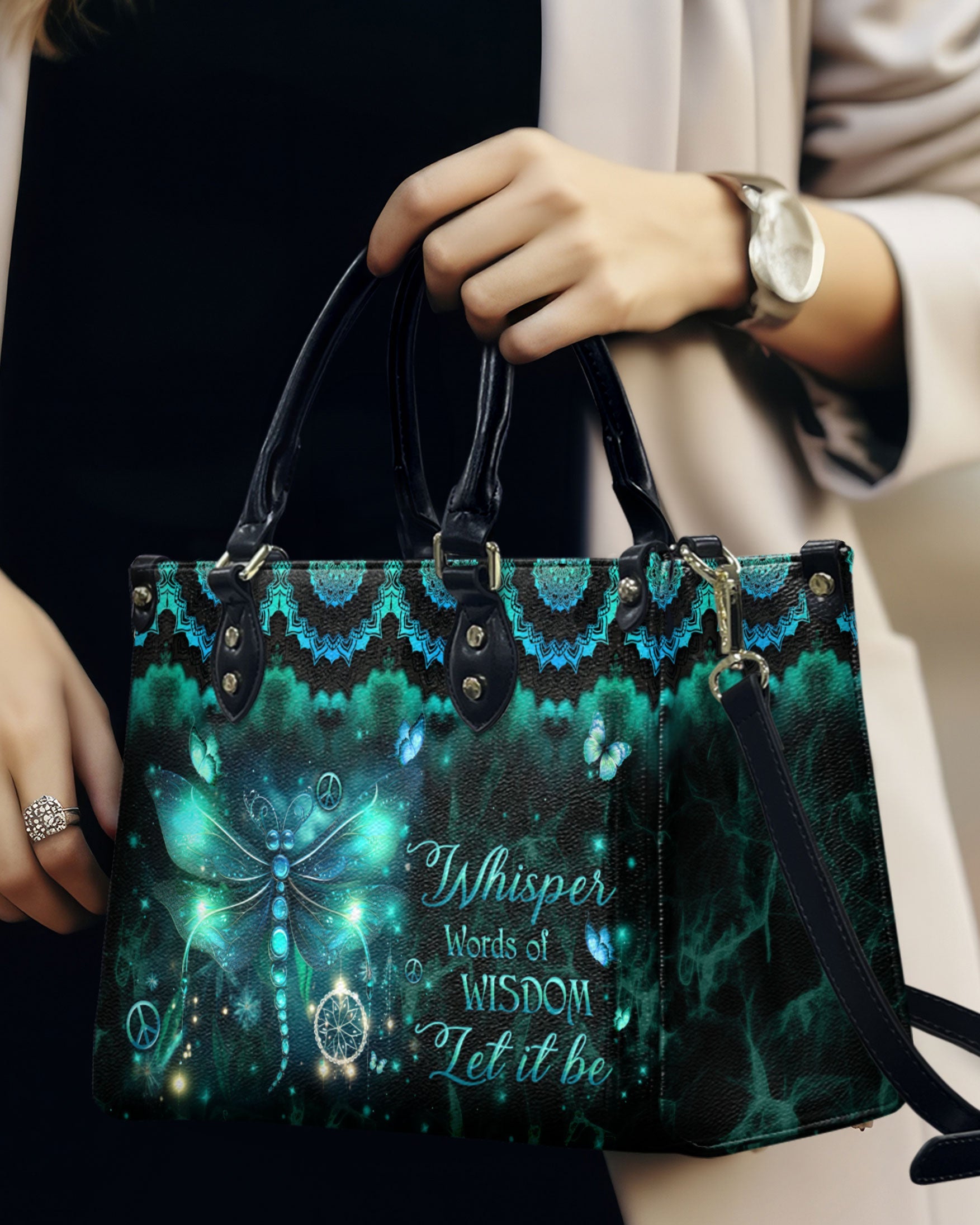 Whisper Words of Wisdom Let it be Dragonfly and Peace Symbol Hippie Leather Bag _7_ p5sh2